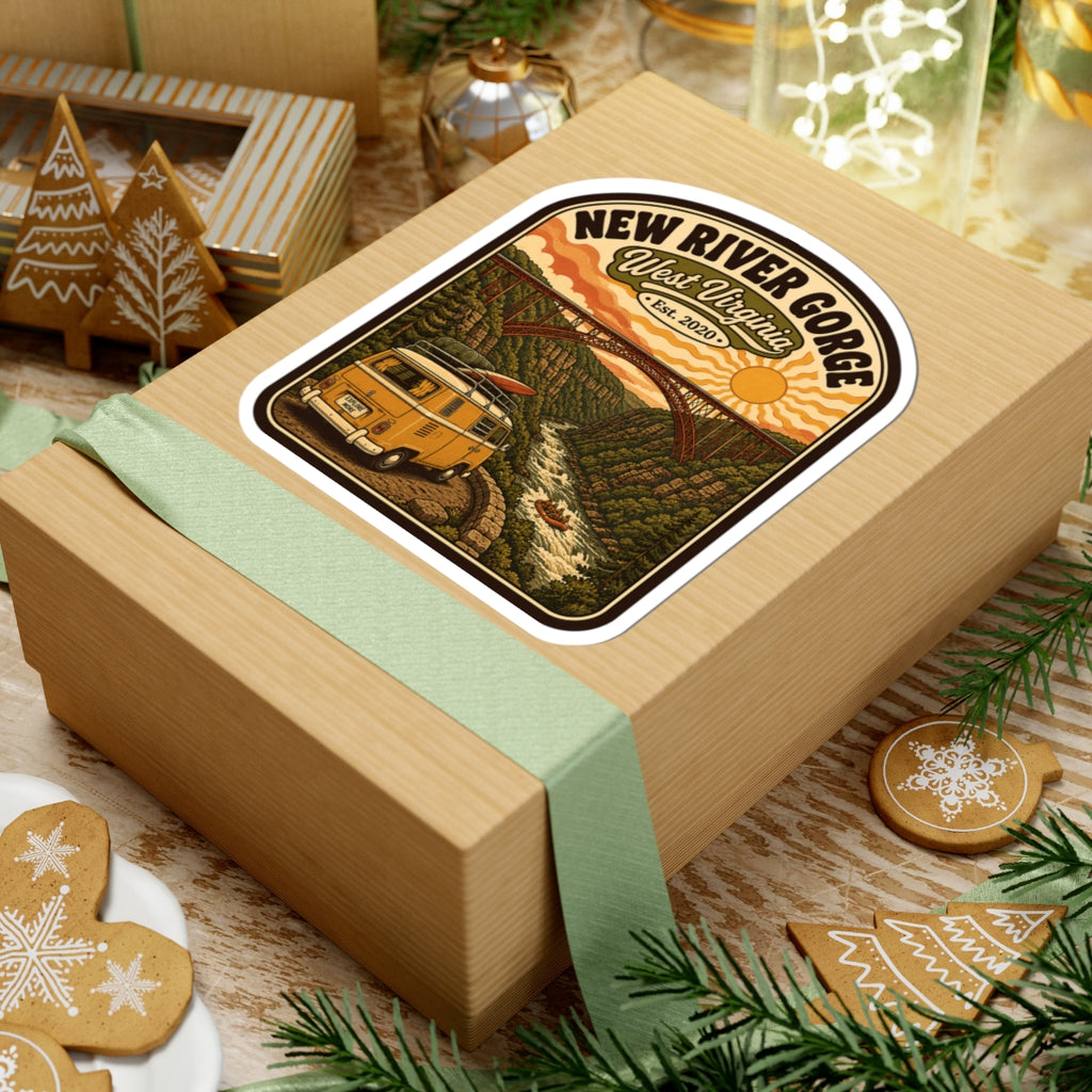 Rounded kiss-cut sticker on wrapped box, New River Gorge West Virginia logo and van