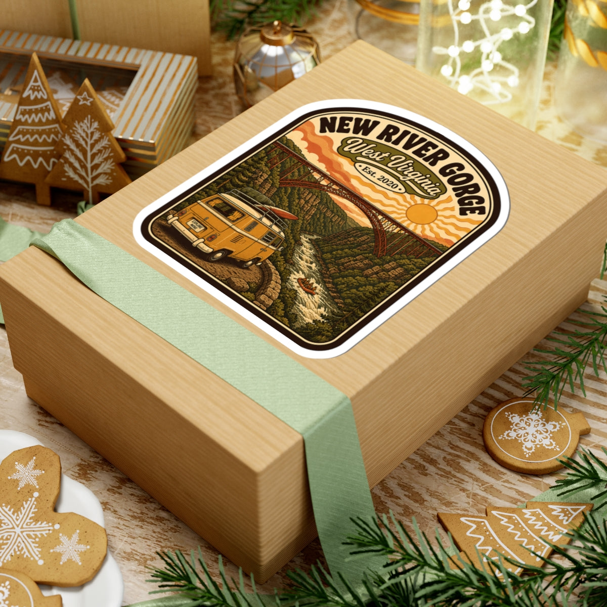 Rounded kiss-cut sticker on wrapped box, New River Gorge West Virginia logo and van