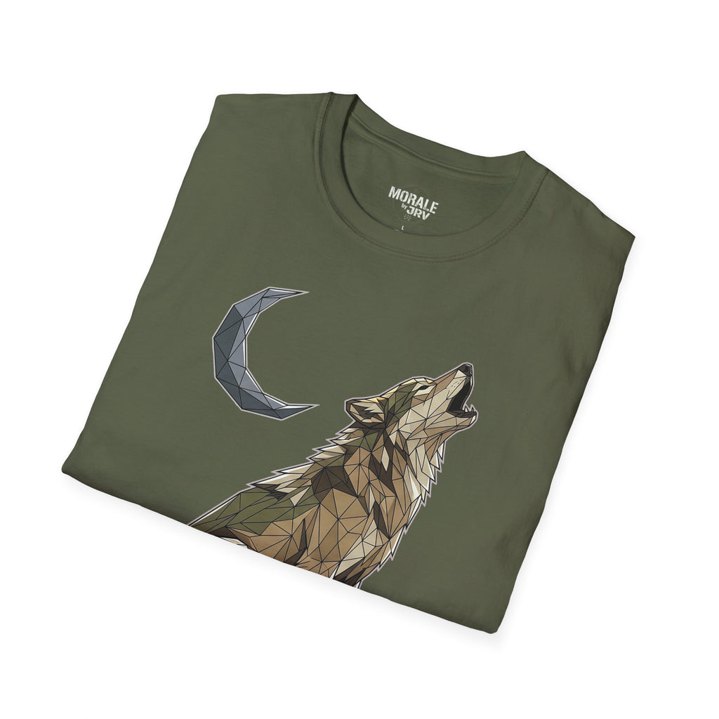 Olive green T-shirt with polygon wolf howling toward a crescent moon
