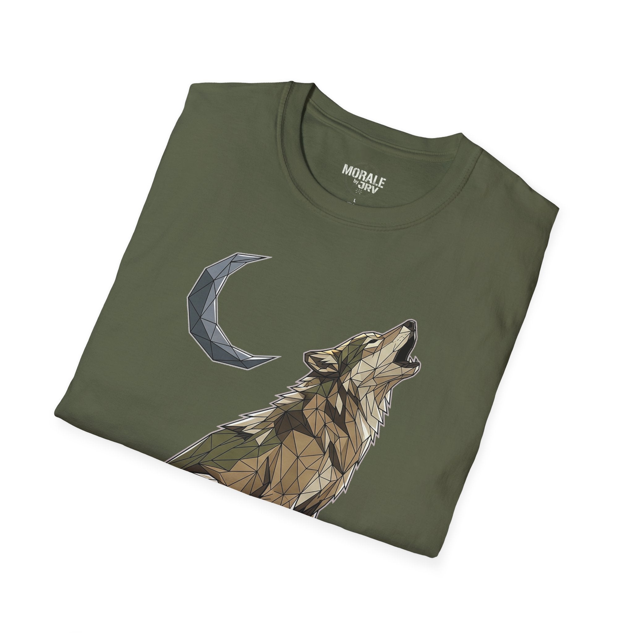 Olive green T-shirt with polygon wolf howling toward a crescent moon