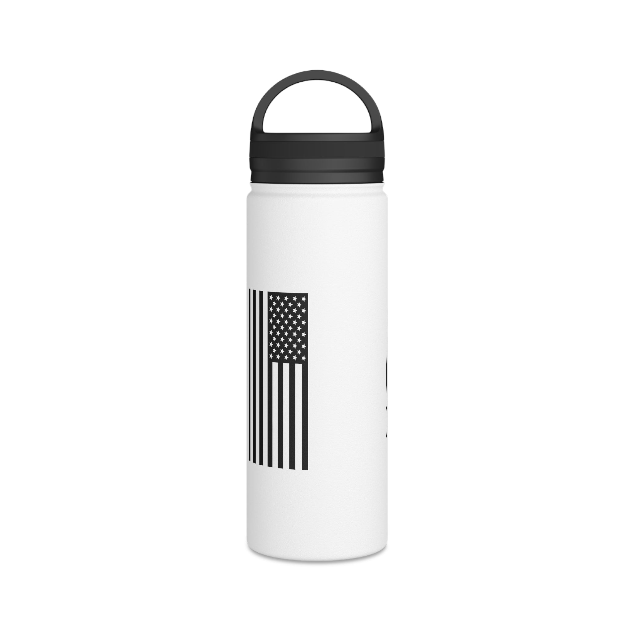 White stainless steel water bottle with black lid and American flag stripe decal