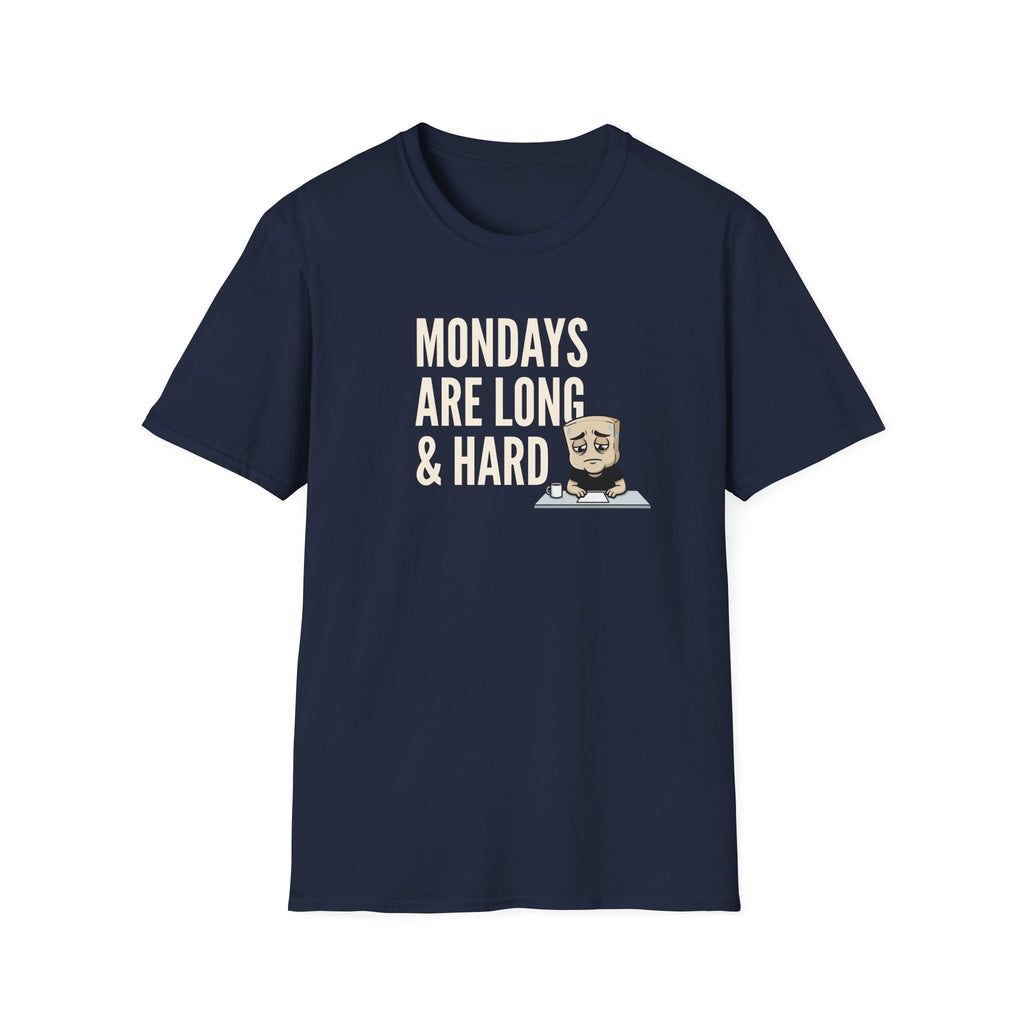 Navy blue T-shirt with “MONDAYS ARE LONG & HARD” graphic and cartoon coffee mug