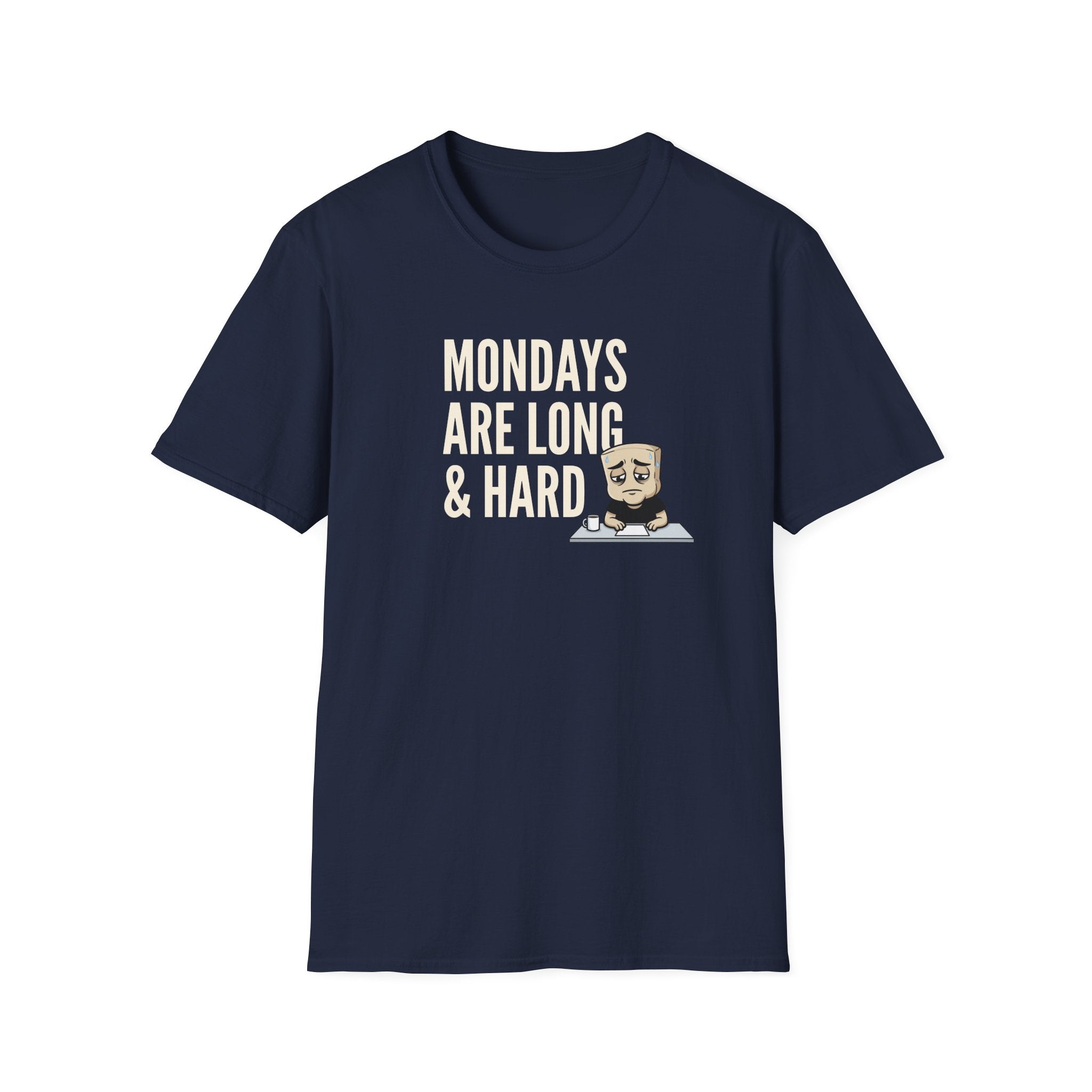 Navy blue T-shirt with “MONDAYS ARE LONG & HARD” graphic and cartoon coffee mug