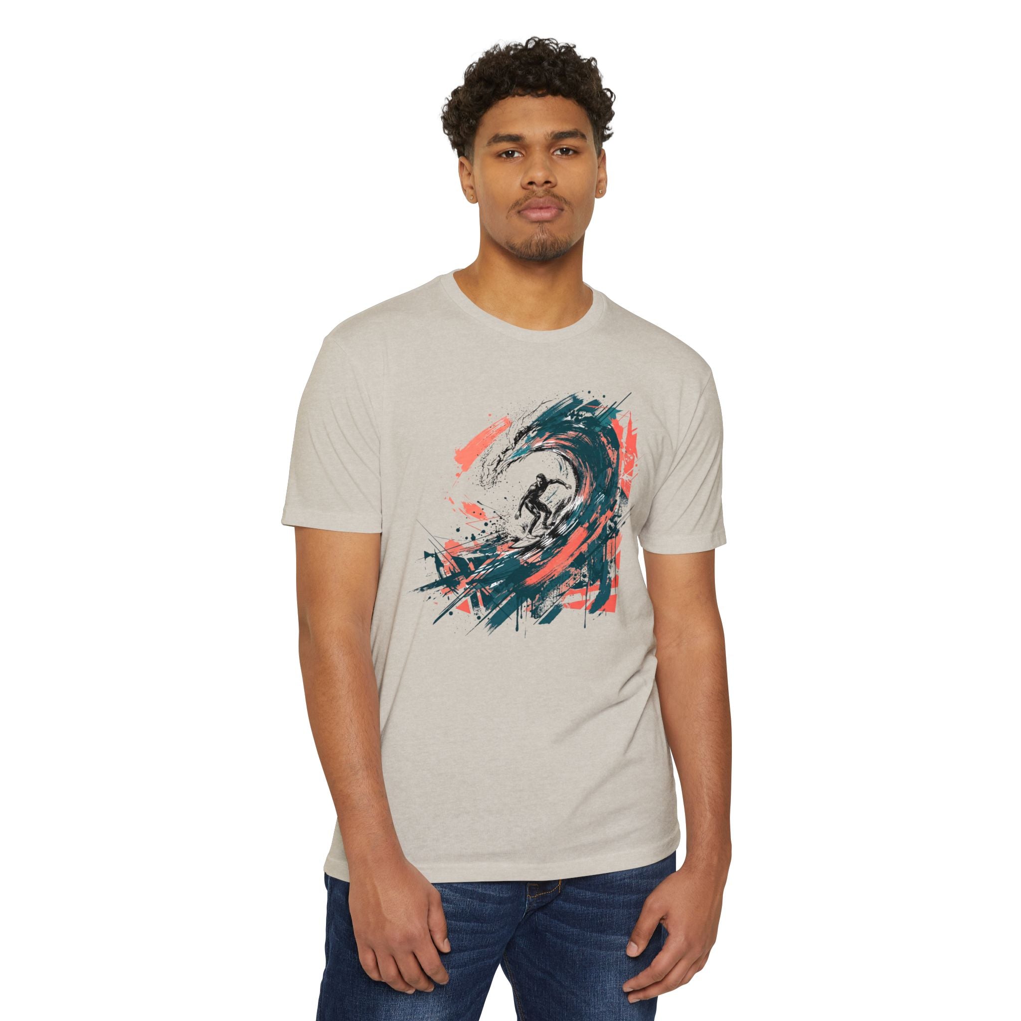 Model wearing light beige graphic T-shirt with abstract wave paintbrush design in teal, green, and orange