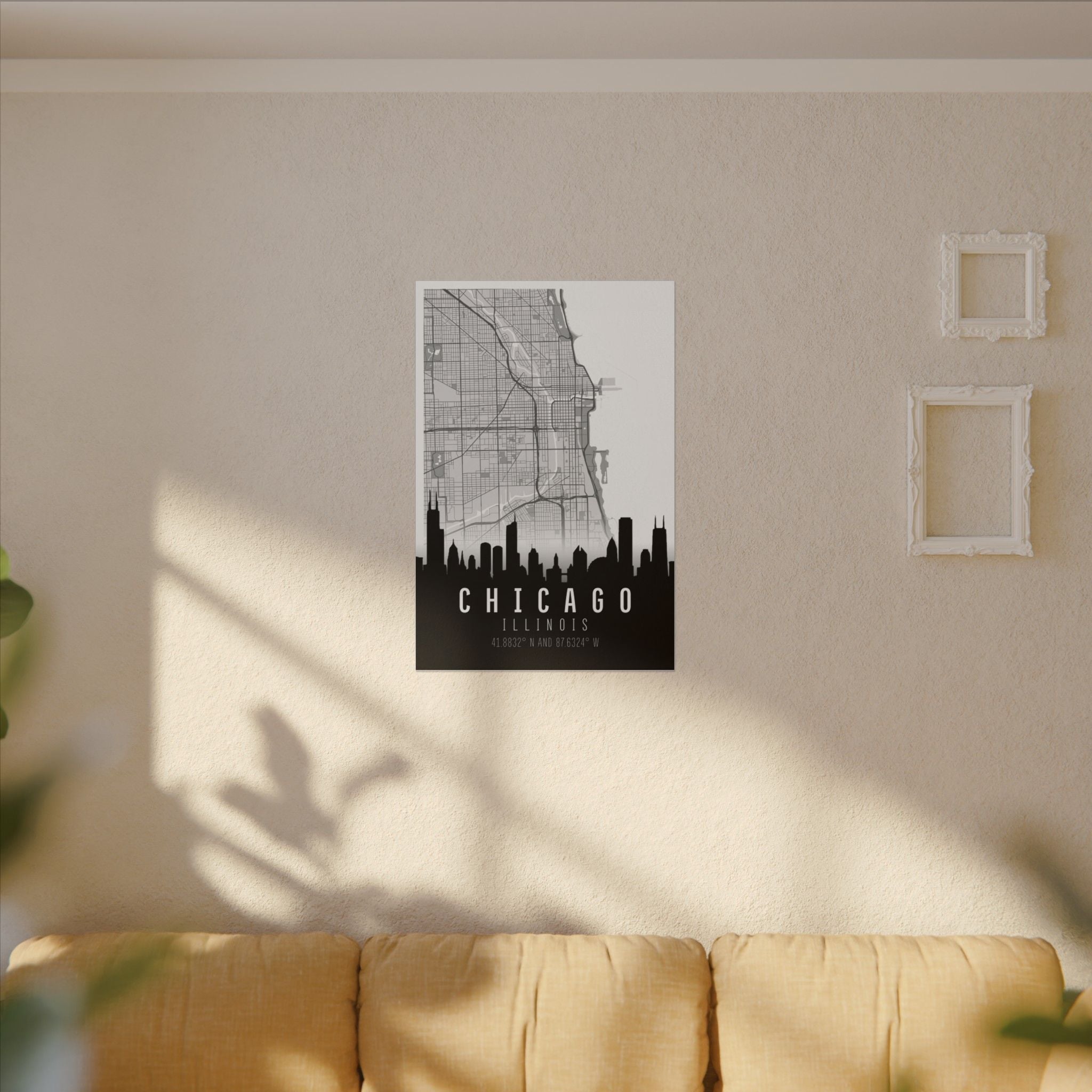 Chicago skyline map wall art on matte canvas, black skyline, “CHICAGO ILLINOIS”
