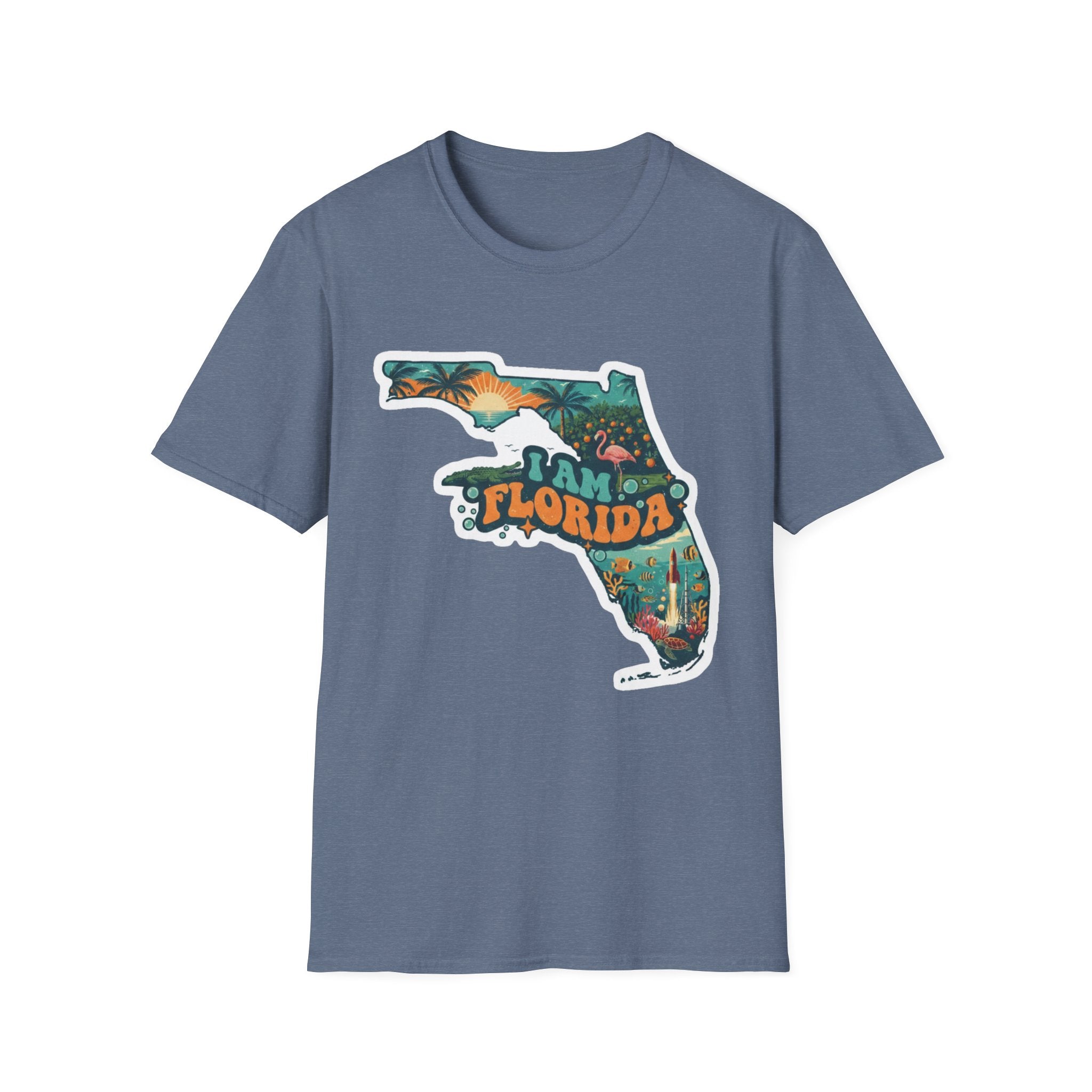 Slate blue T-shirt with “Florida” tropical sunset map graphic on the front