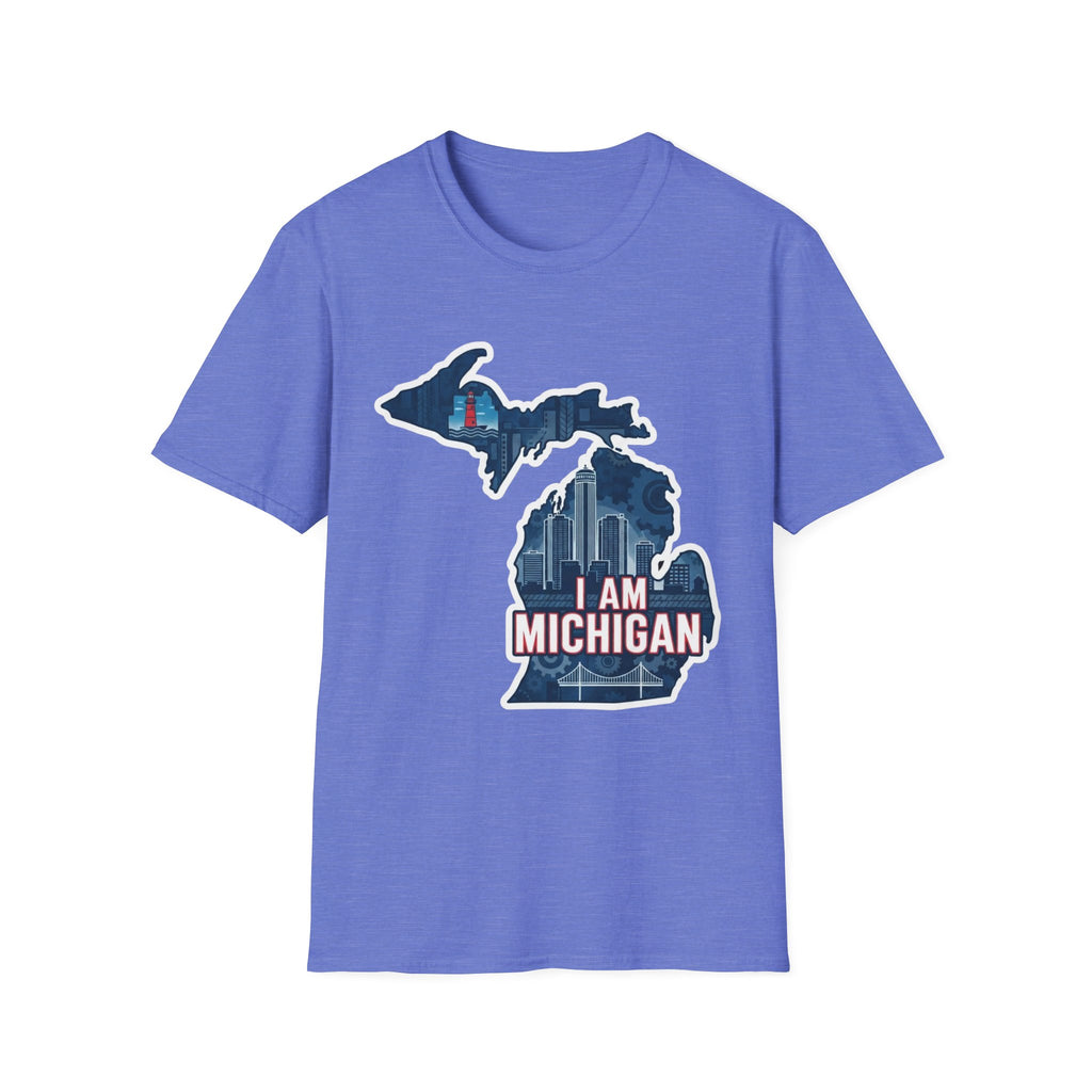 I Am Michigan T-shirt, heather blue crew neck with Michigan map skyline graphic
