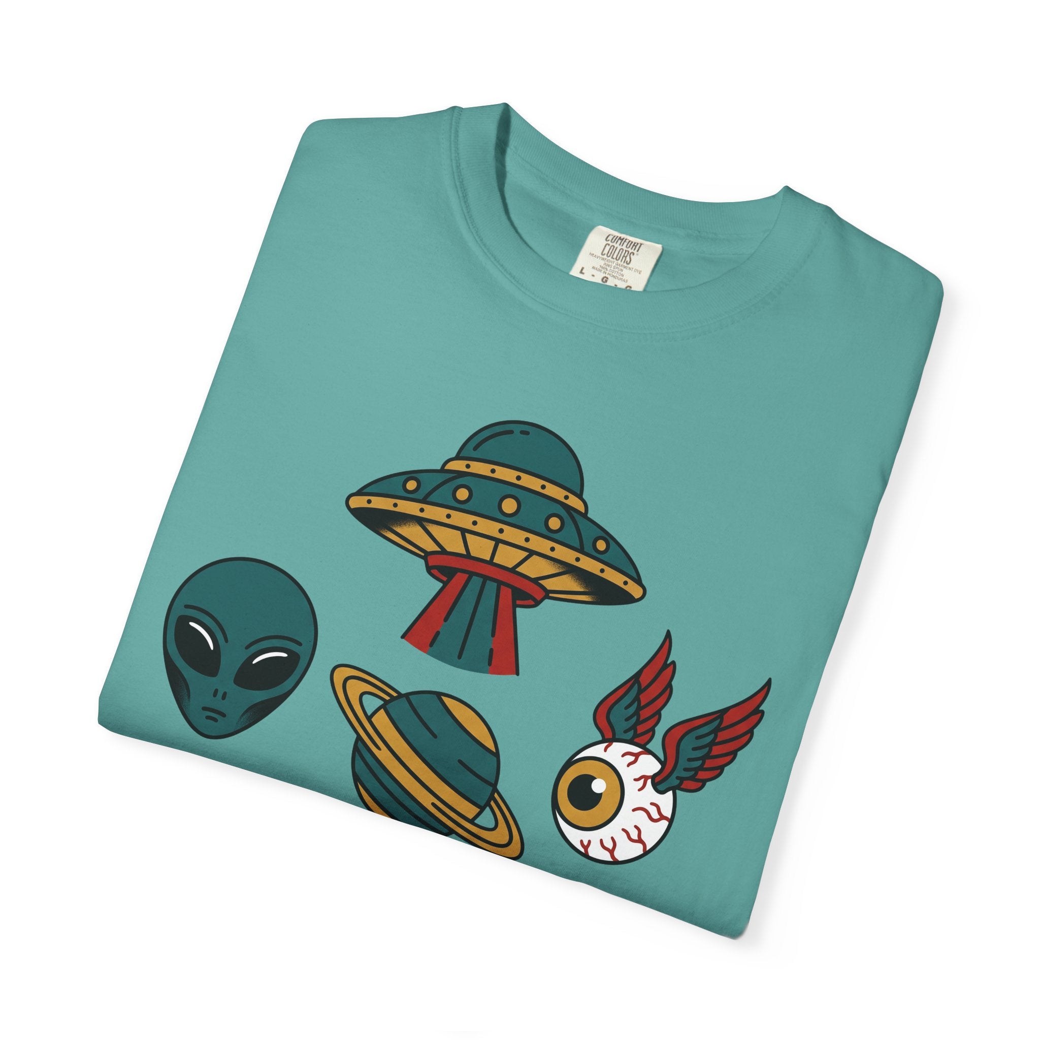 Teal crew-neck T-shirt with alien, UFO and rocket graphic