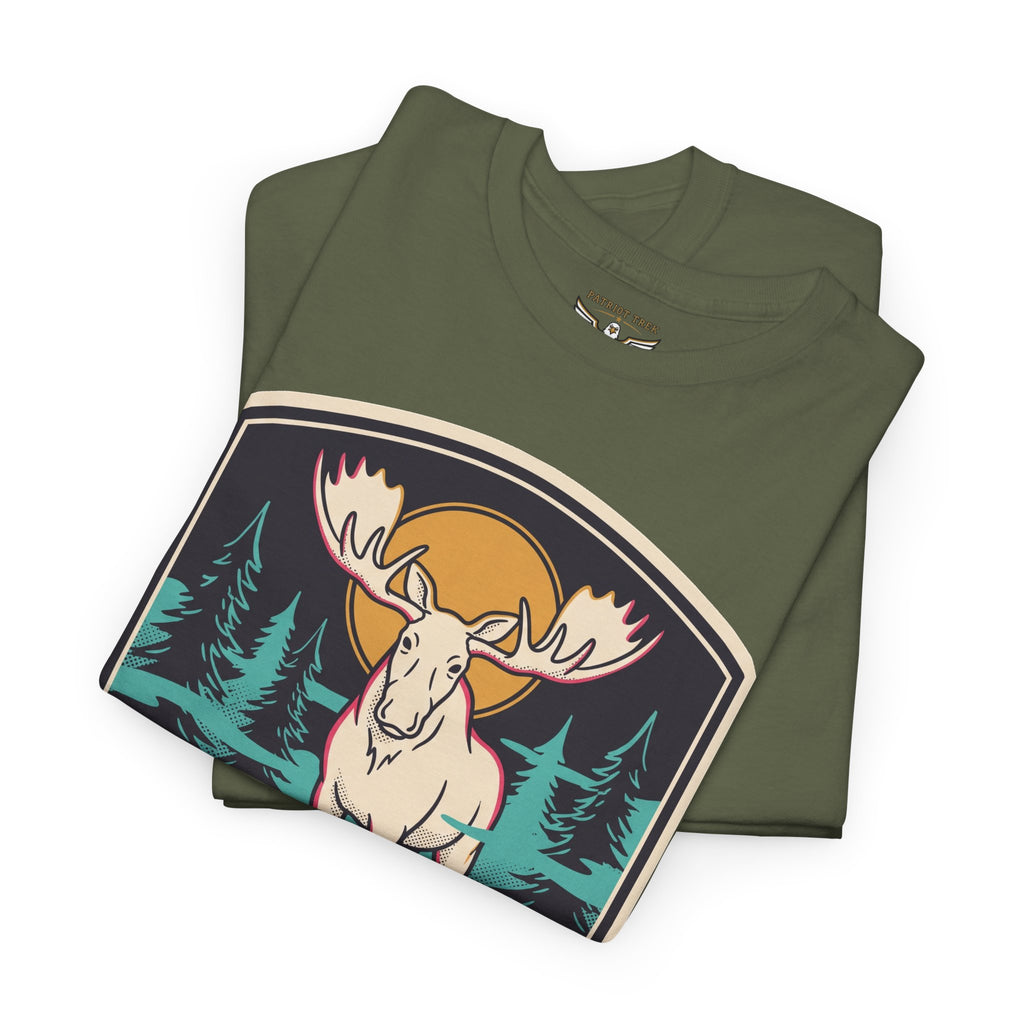 Military green T-shirt with close-up vintage moose badge print and Maine text