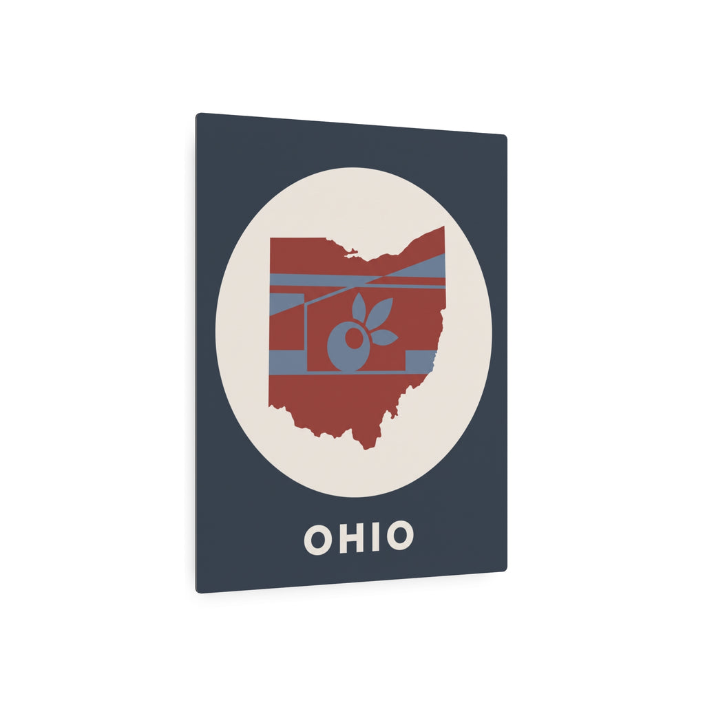 Ohio metal art sign: red state outline with striped pattern and buckeye, 'OHIO' on blue