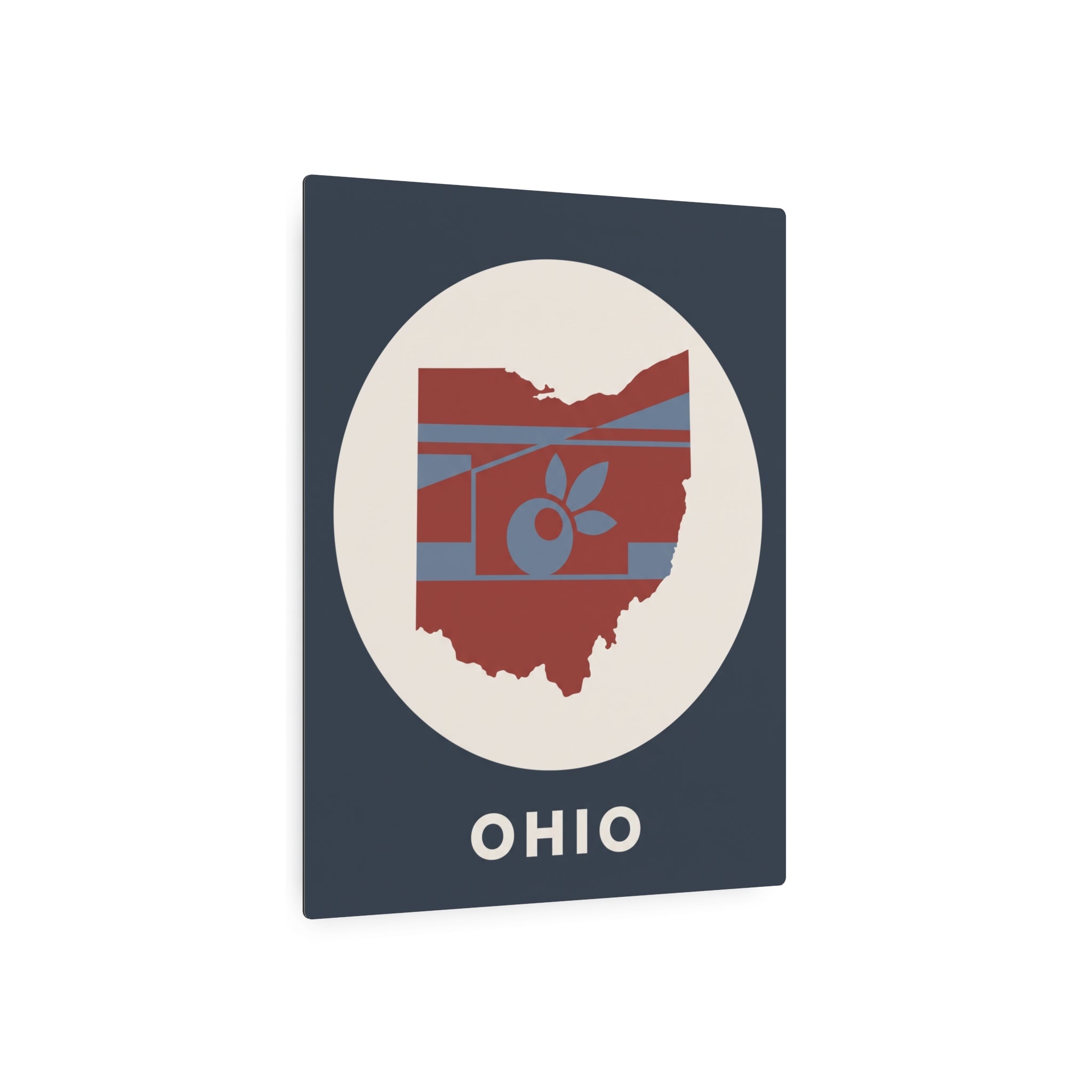 Ohio metal art sign: red state outline with striped pattern and buckeye, 'OHIO' on blue