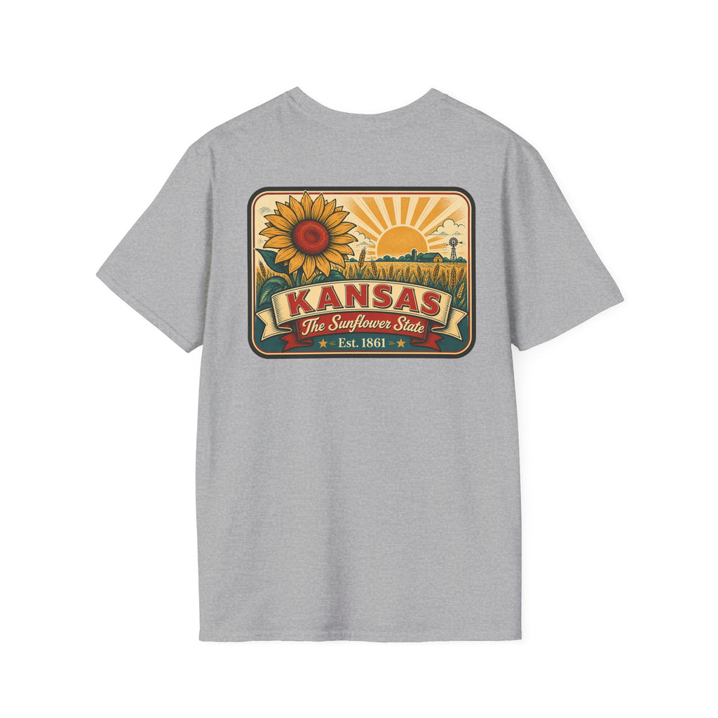 Kansas sunflower badge graphic T-shirt, heather gray, crew neck short sleeves