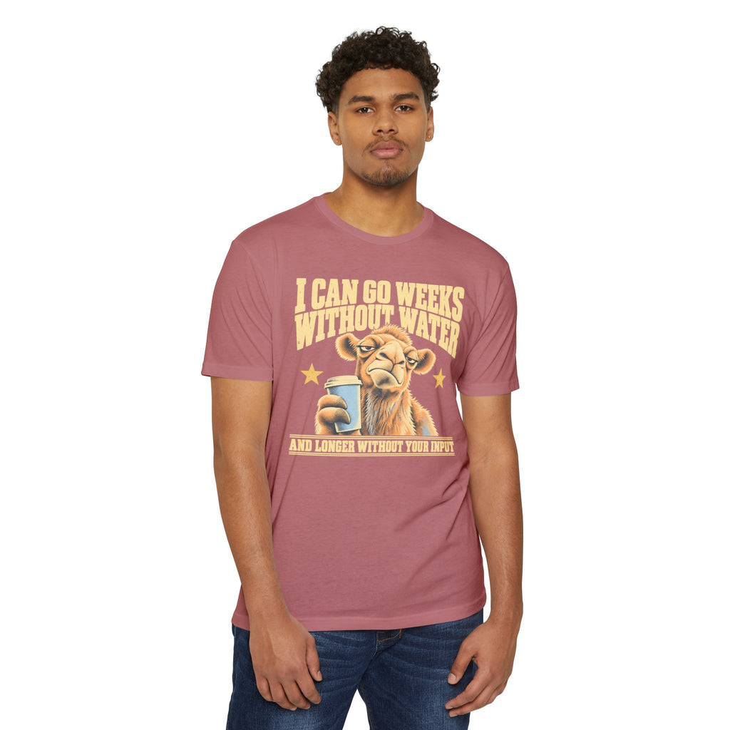 Dusty rose crewneck graphic t-shirt with camel motif and slogan text