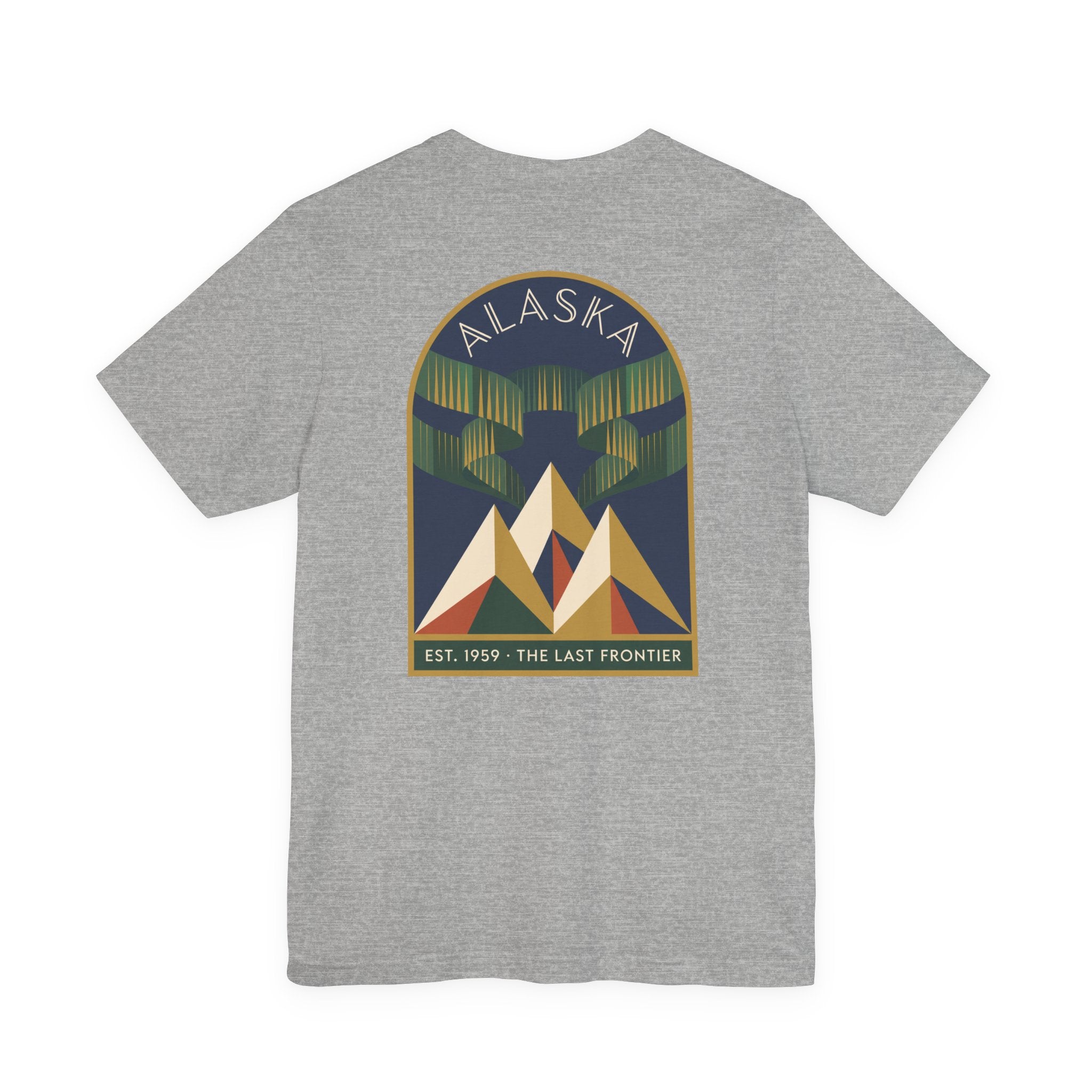Heather gray graphic T-shirt with Alaska aurora badge and mountain design