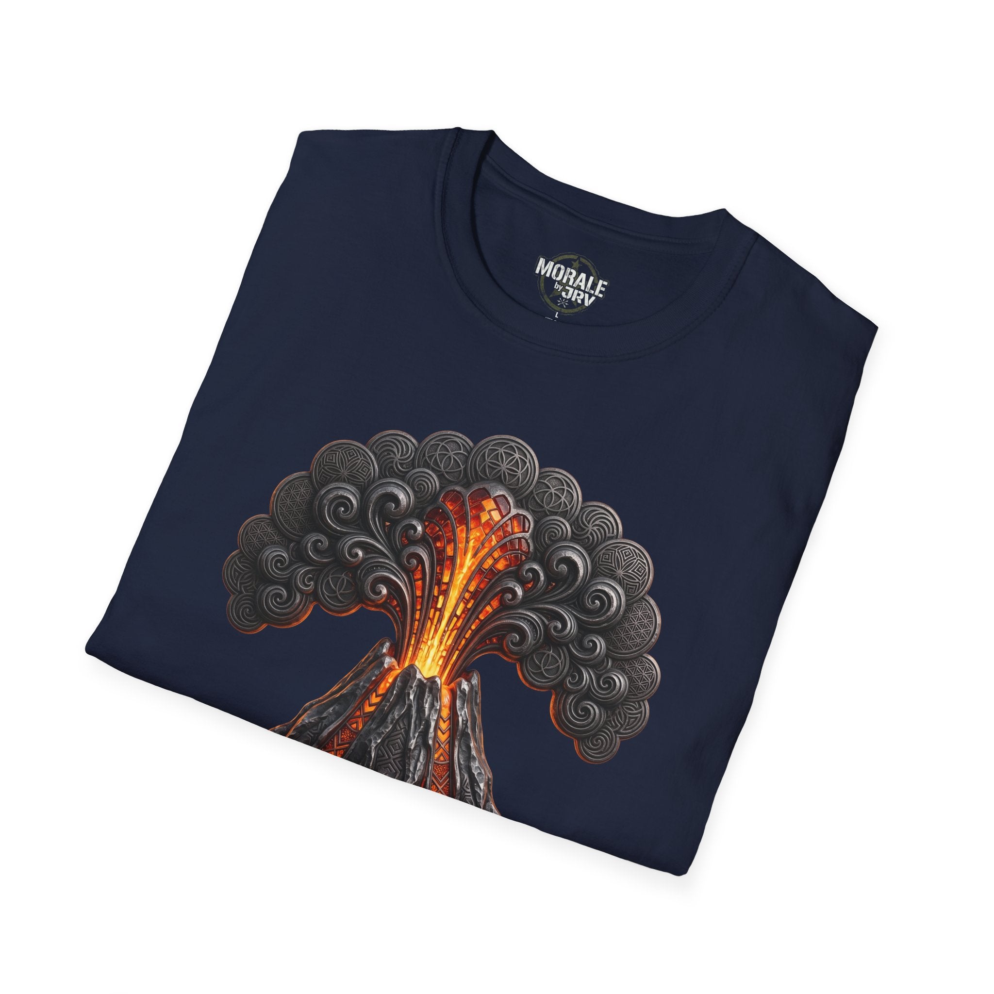 Navy T-shirt with erupting volcano and lava smoke graphic on the front.