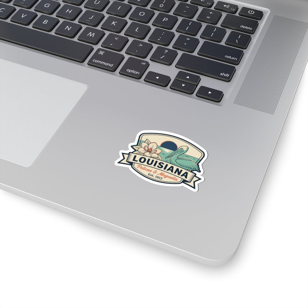 Louisiana pelican and magnolia vintage badge sticker decal on laptop