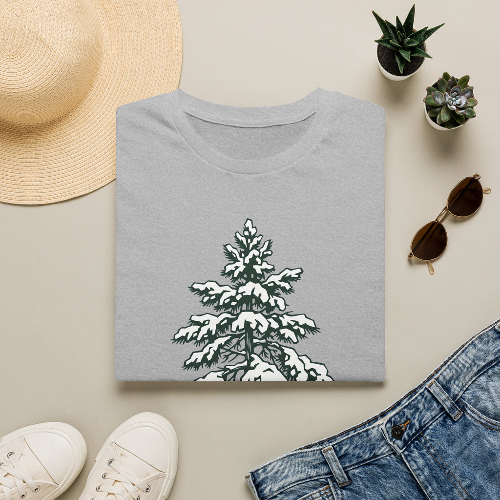 Heather gray crew-neck t-shirt with snowy pine tree graphic on the front