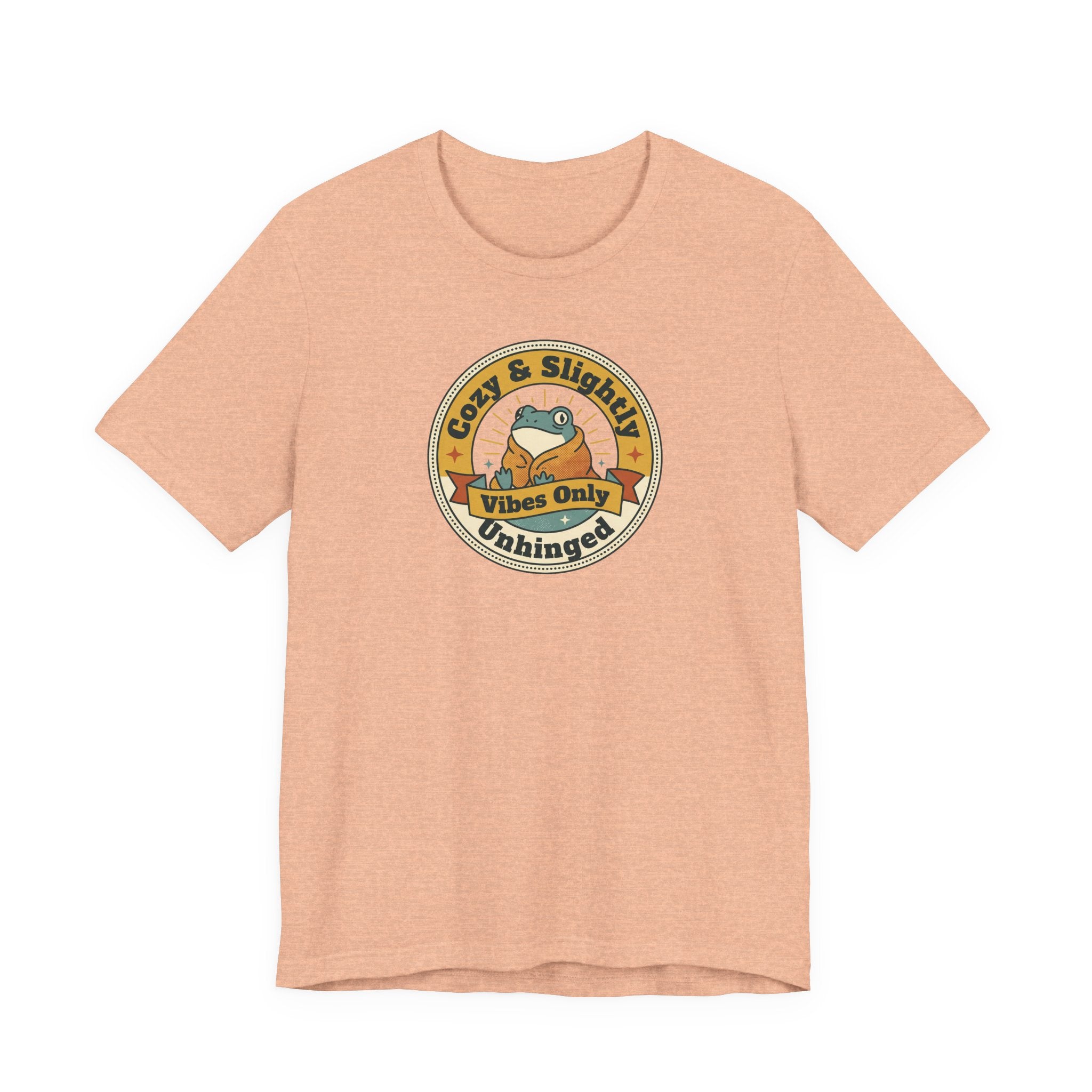 Peach sloth graphic T-shirt with round badge emblem on chest