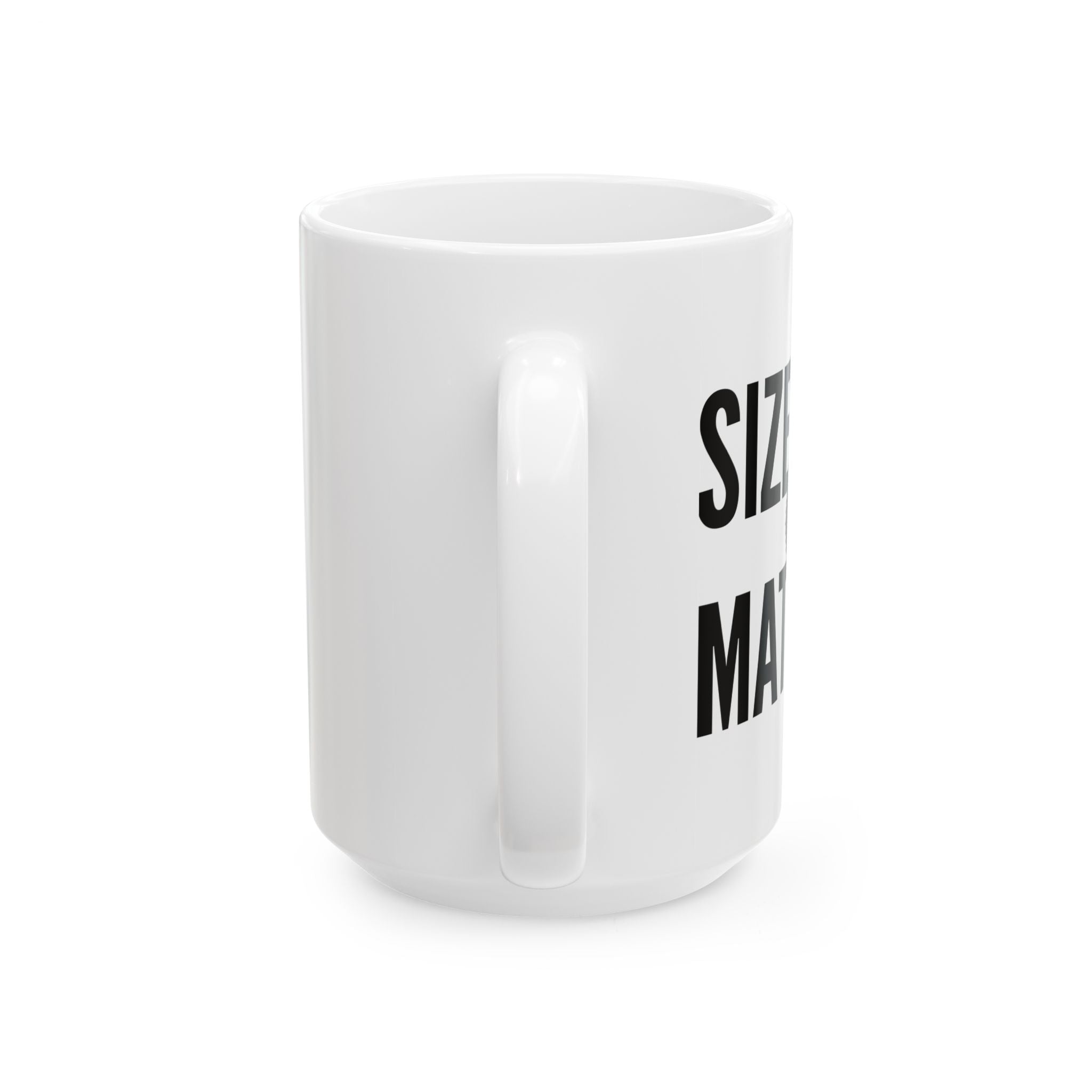 White ceramic mug with vertical design area and partial 'SIZE' lettering