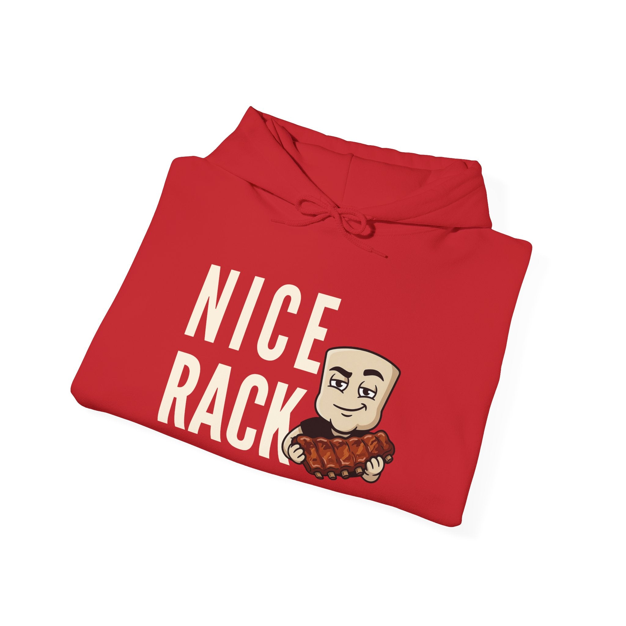 Red adult hoodie with drawstring hood, front graphic text and character
