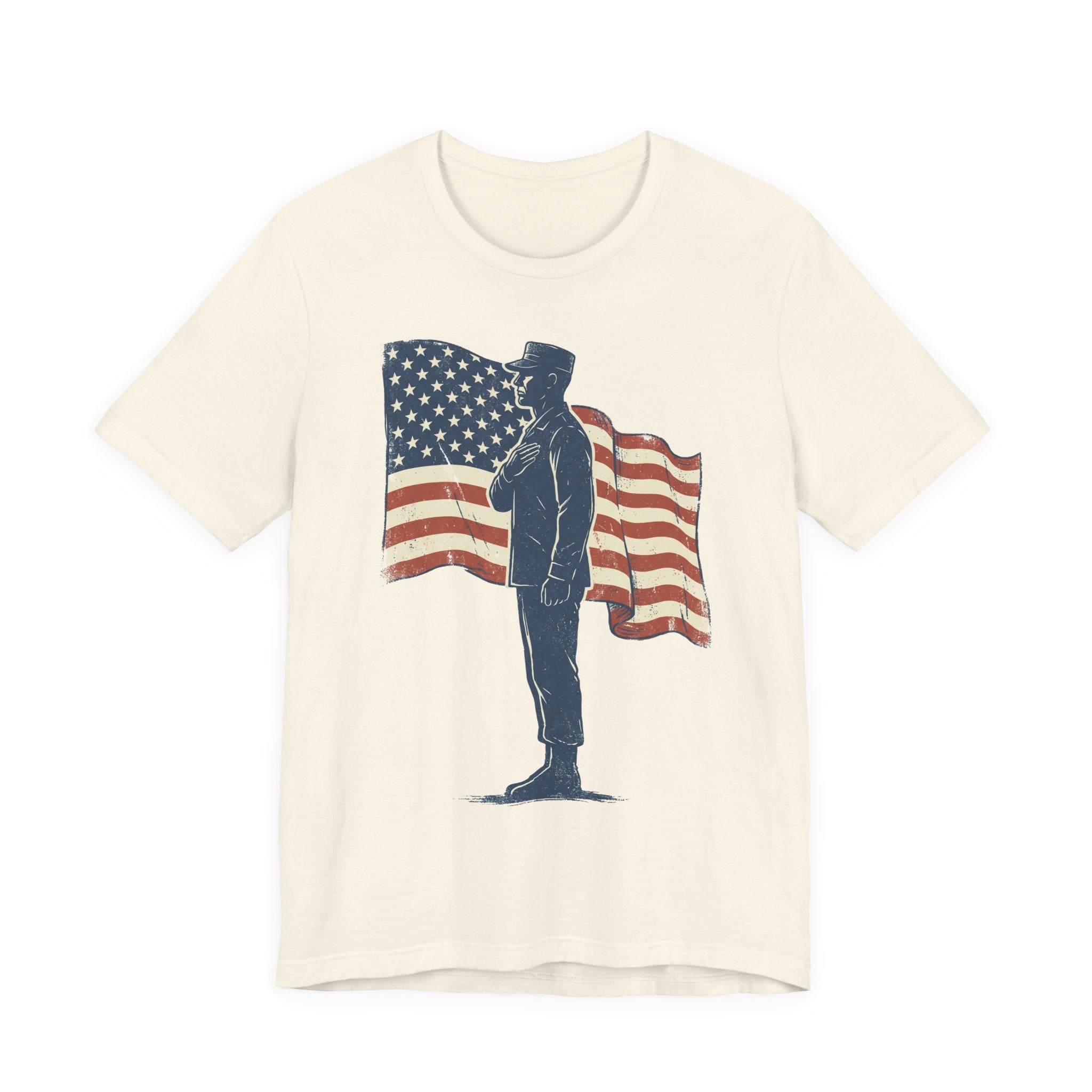 Cream crew-neck T-shirt with saluting soldier graphic and American flag print