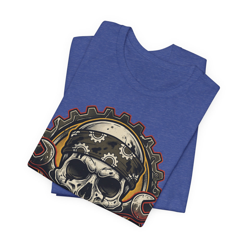 Heather navy T-shirt with biker skull graphic and crossed wrenches
