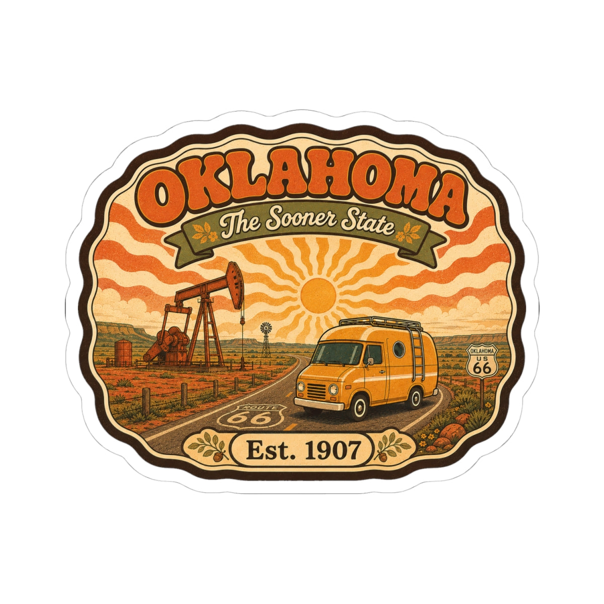 Die-cut Oklahoma sticker featuring 'OKLAHOMA', The Sooner State banner, van, and sun