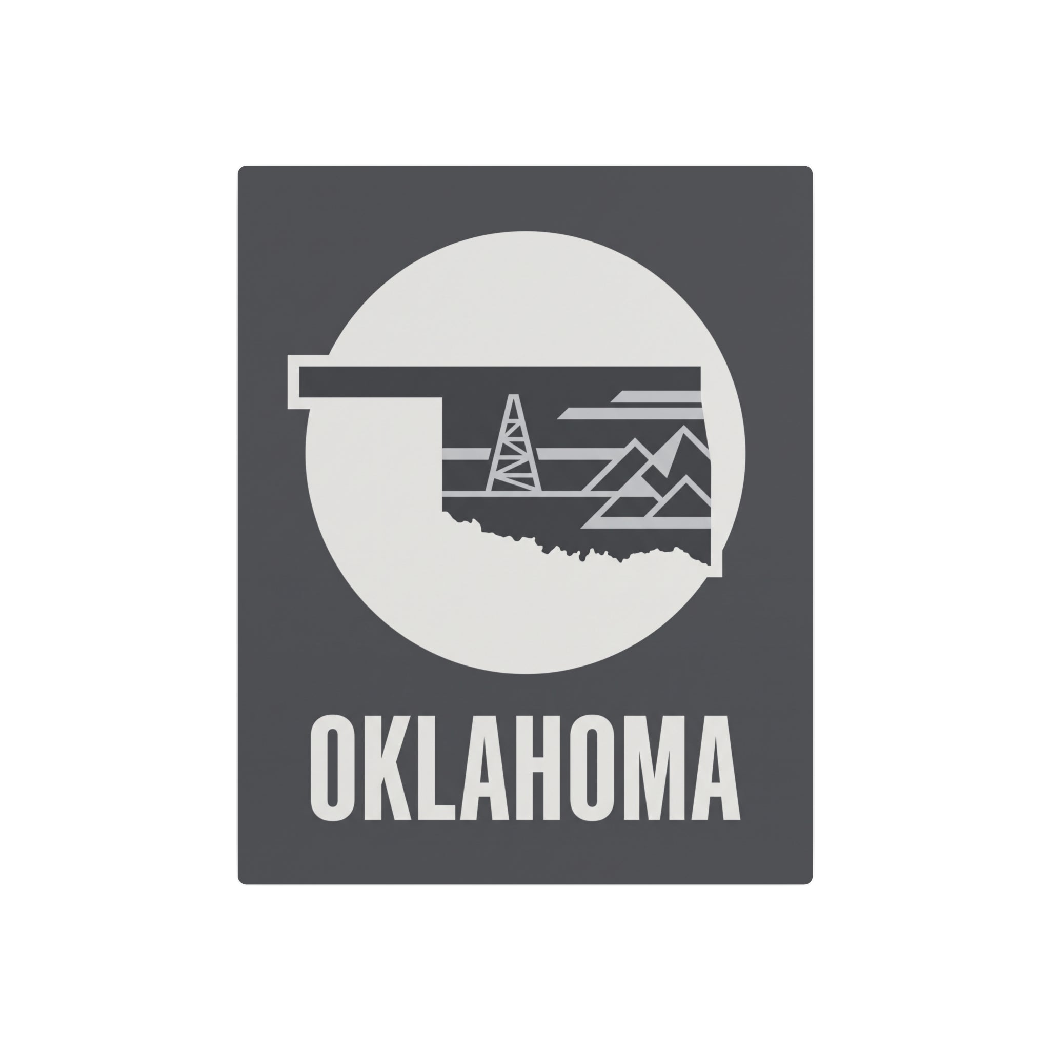 Oklahoma metal wall art sign featuring oil rig silhouette inside a white circle, OKLAHOMA