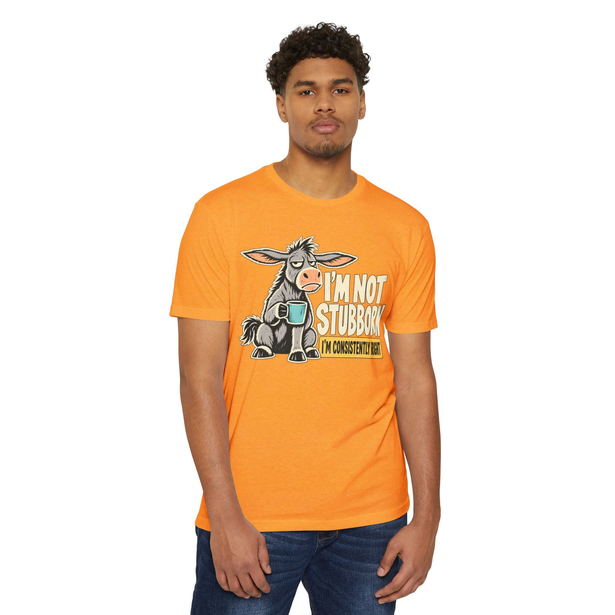 Orange crew-neck T-shirt with cartoon donkey coffee graphic on the front