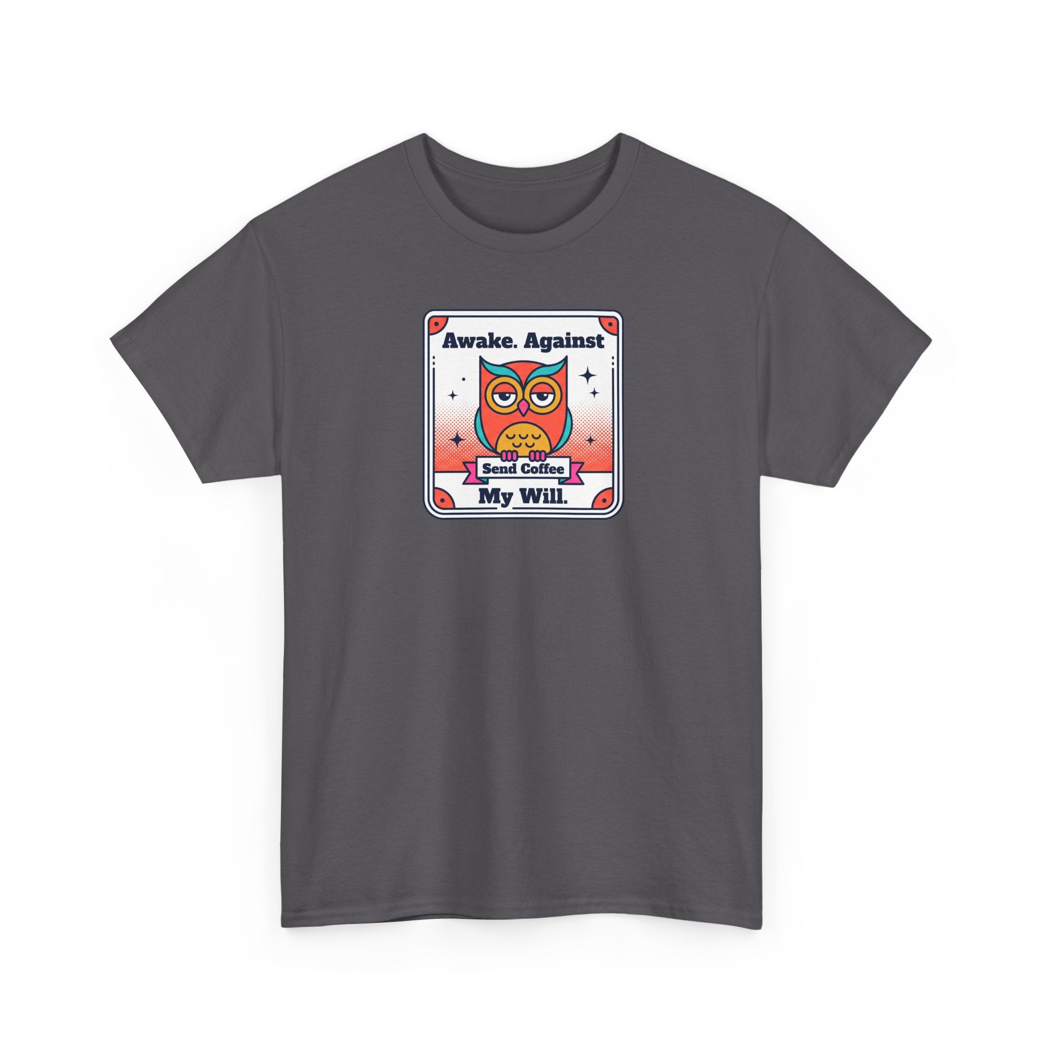 Charcoal crew-neck T-shirt with colorful owl coffee graphic on the front.