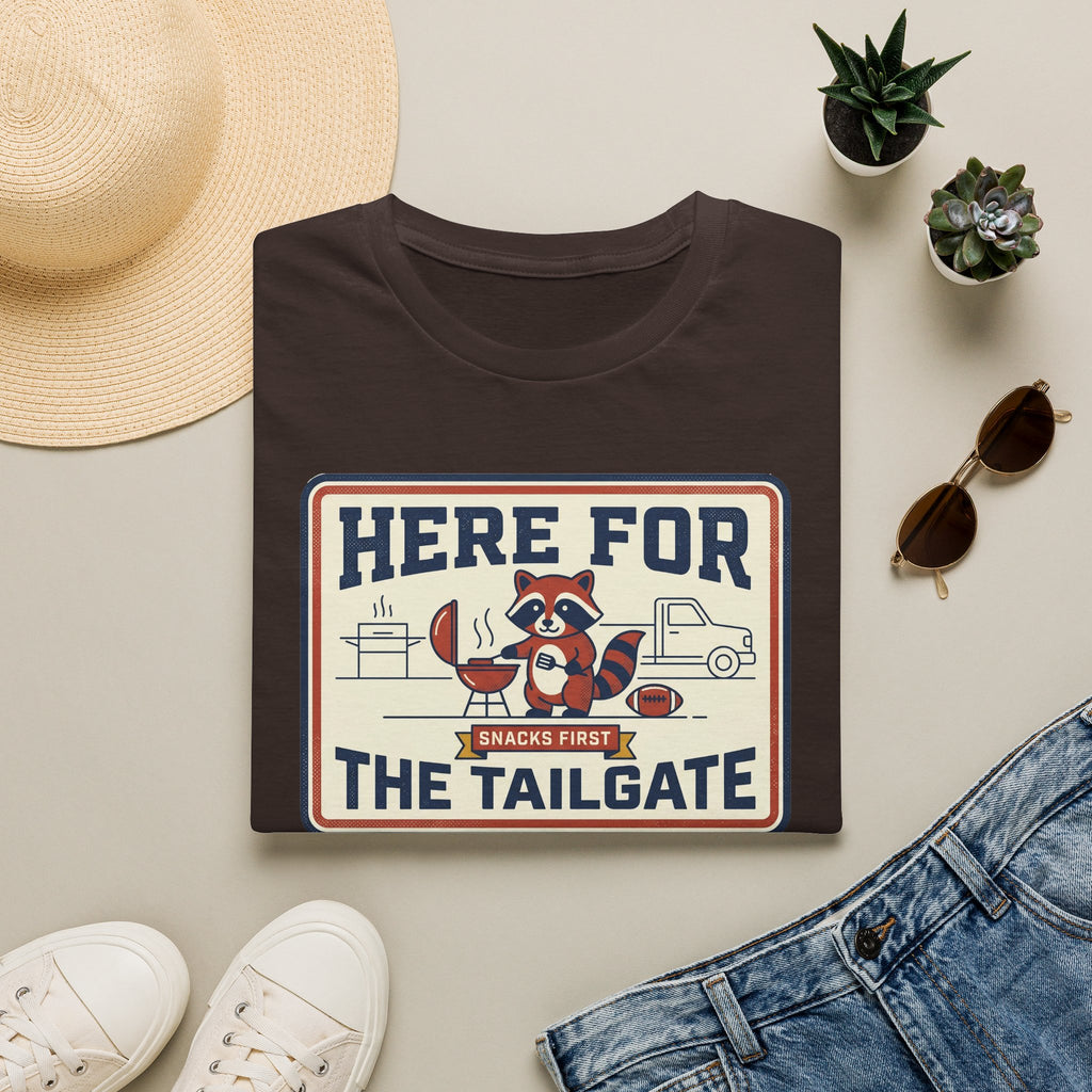 Dark brown crewneck T-shirt with “Here for the Tailgate” raccoon graphic