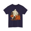 Navy Halloween T-shirt with bigfoot ghost graphic and Tricks or Treat text