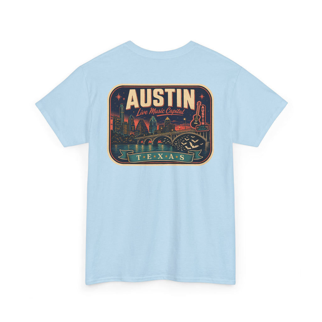 Light blue T-shirt with retro Austin Texas skyline badge graphic on front