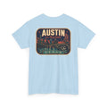 Light blue T-shirt with retro Austin Texas skyline badge graphic on front
