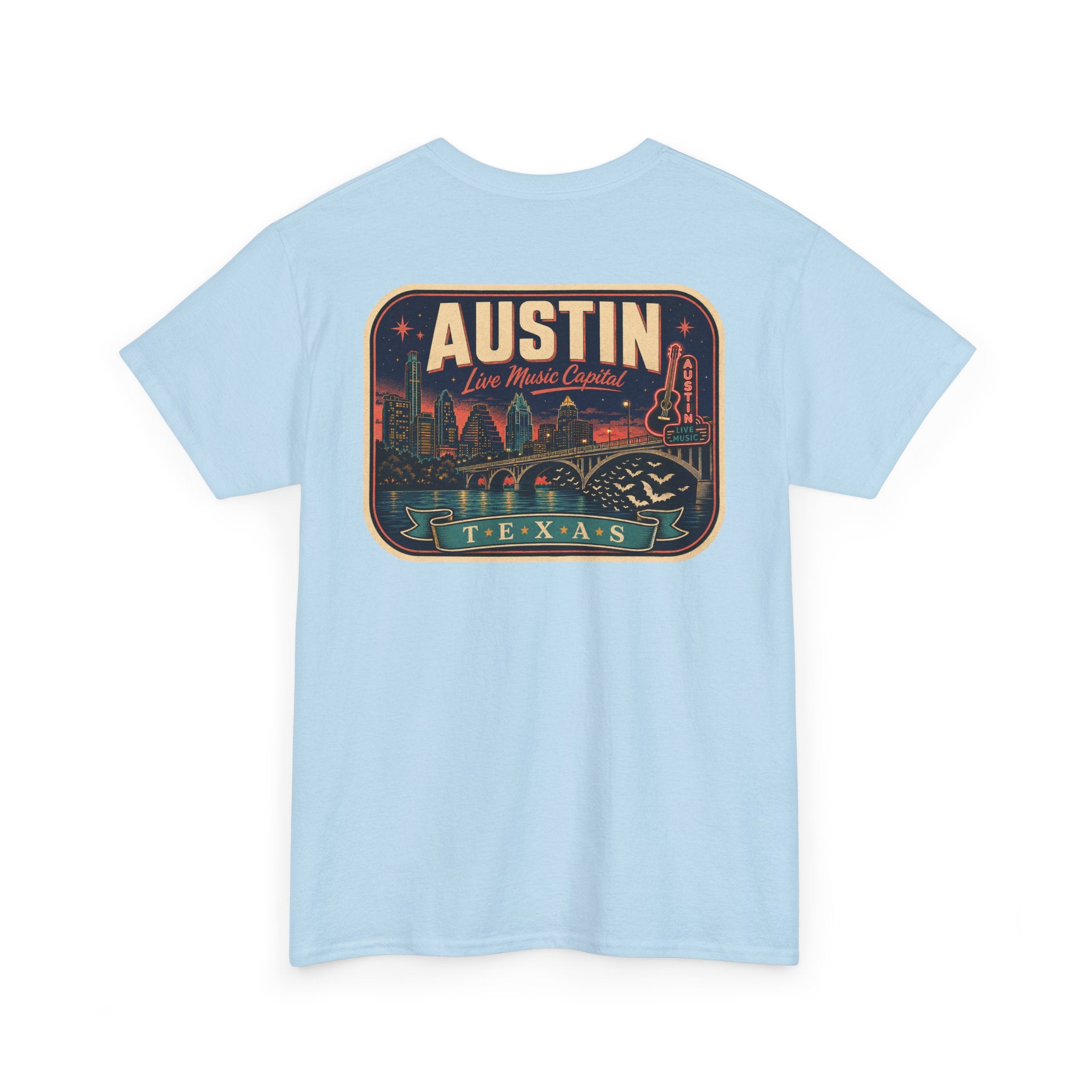 Light blue T-shirt with retro Austin Texas skyline badge graphic on front