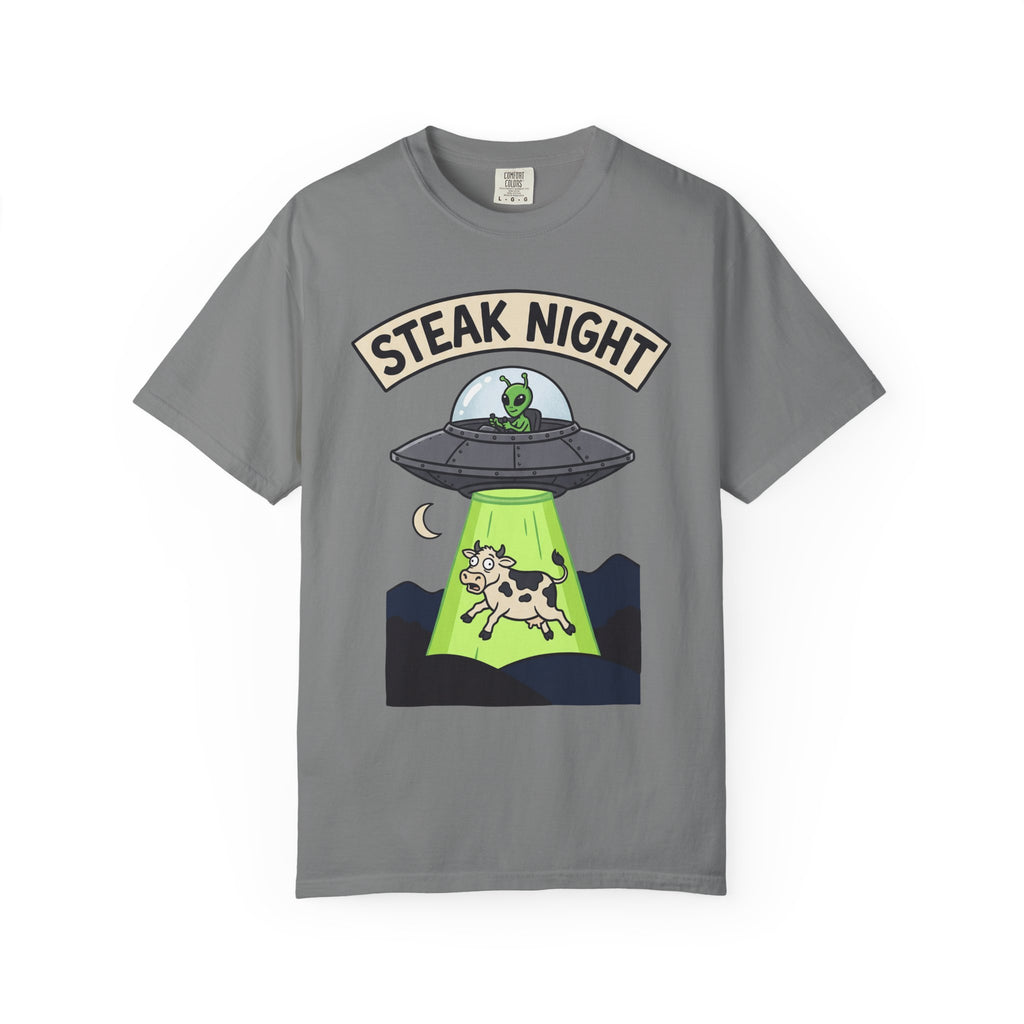 Gray T-shirt with “Steak Night” alien and cow graphic