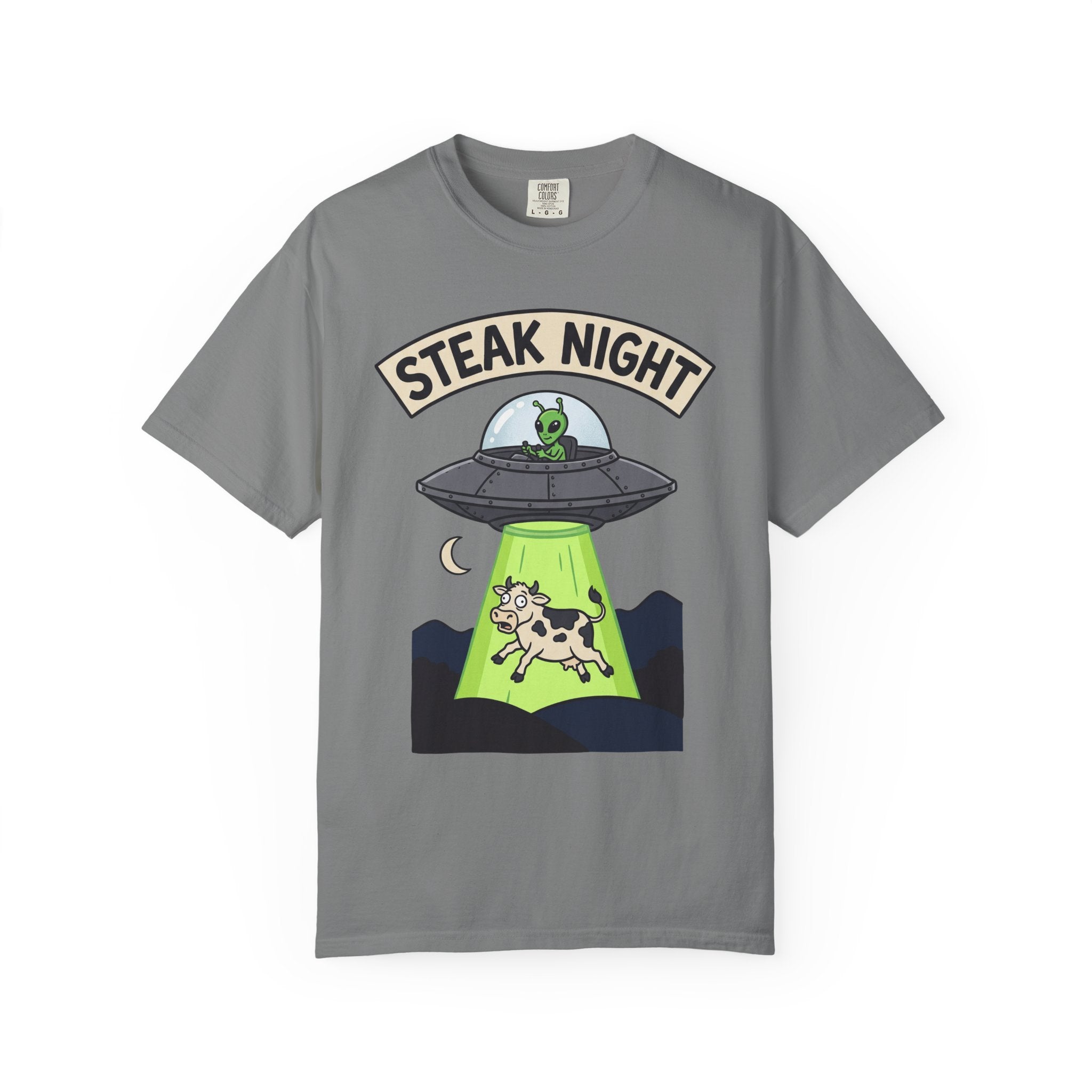 Gray T-shirt with “Steak Night” alien and cow graphic