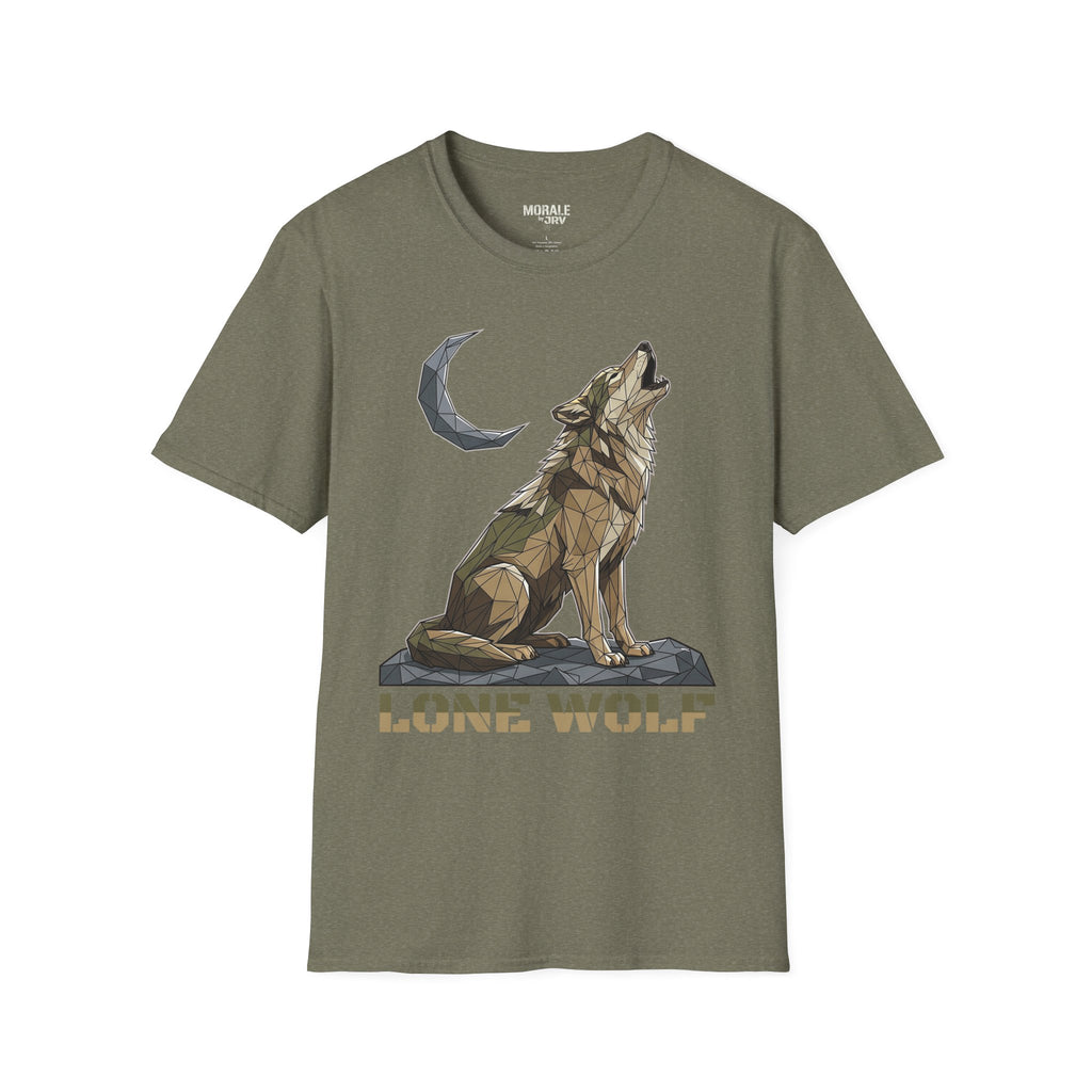 Olive green T-shirt with geometric lone wolf howling, moon icon, and “LONE WOLF”