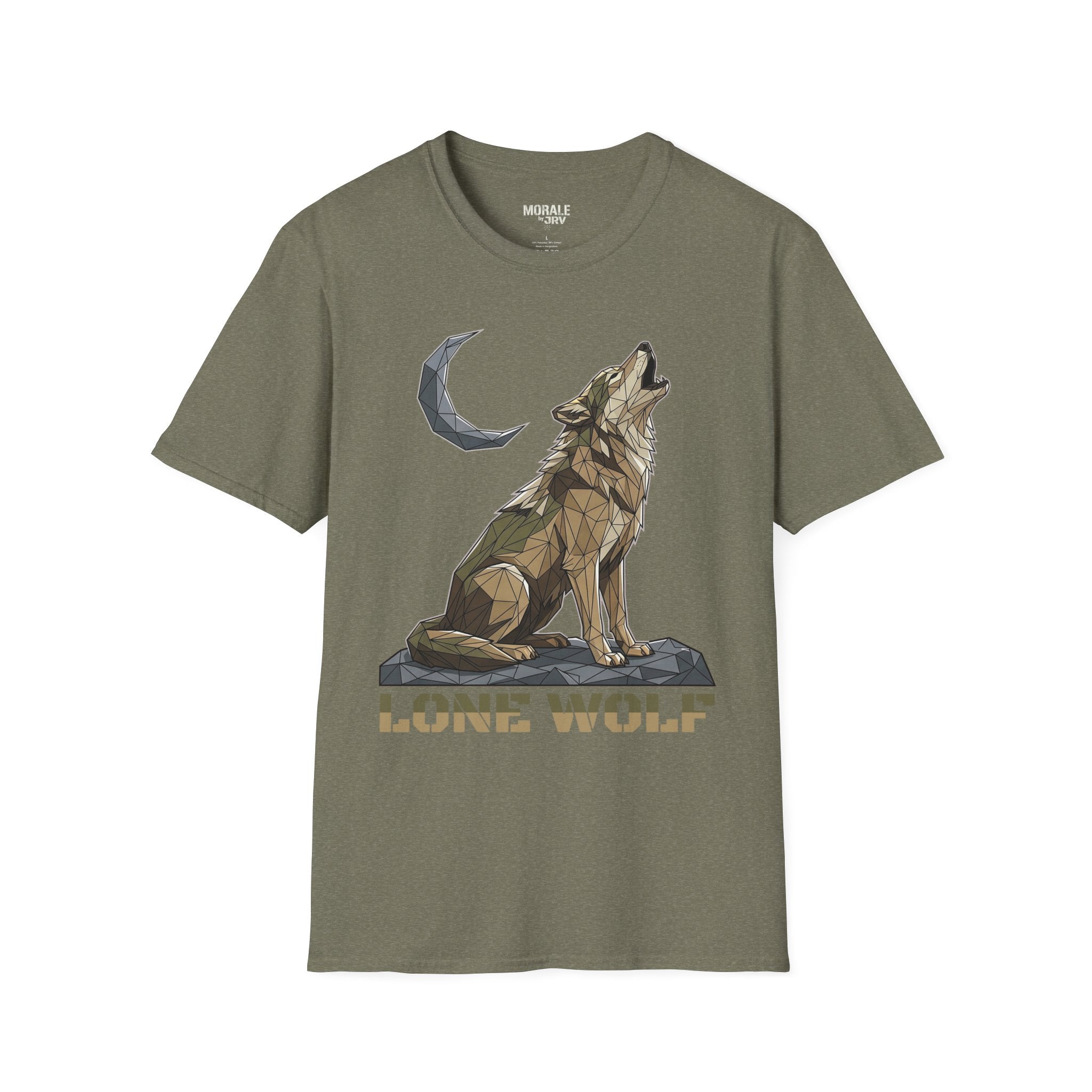 Olive green T-shirt with geometric lone wolf howling, moon icon, and “LONE WOLF”
