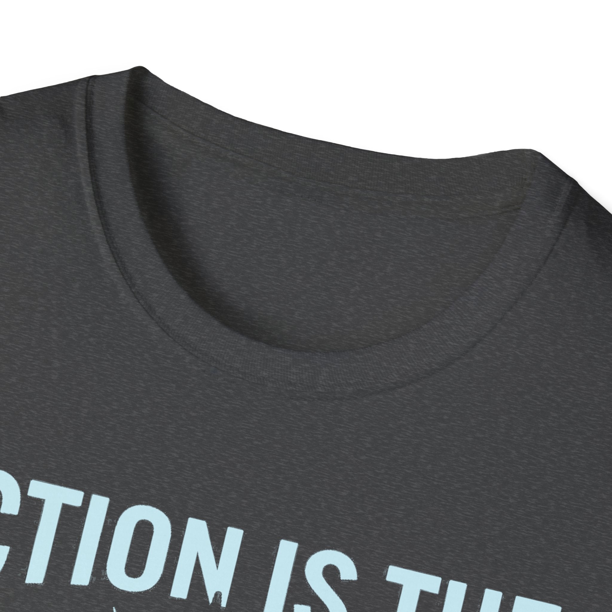 Dark heather gray crew-neck tee, close-up of collar and neckline seam.