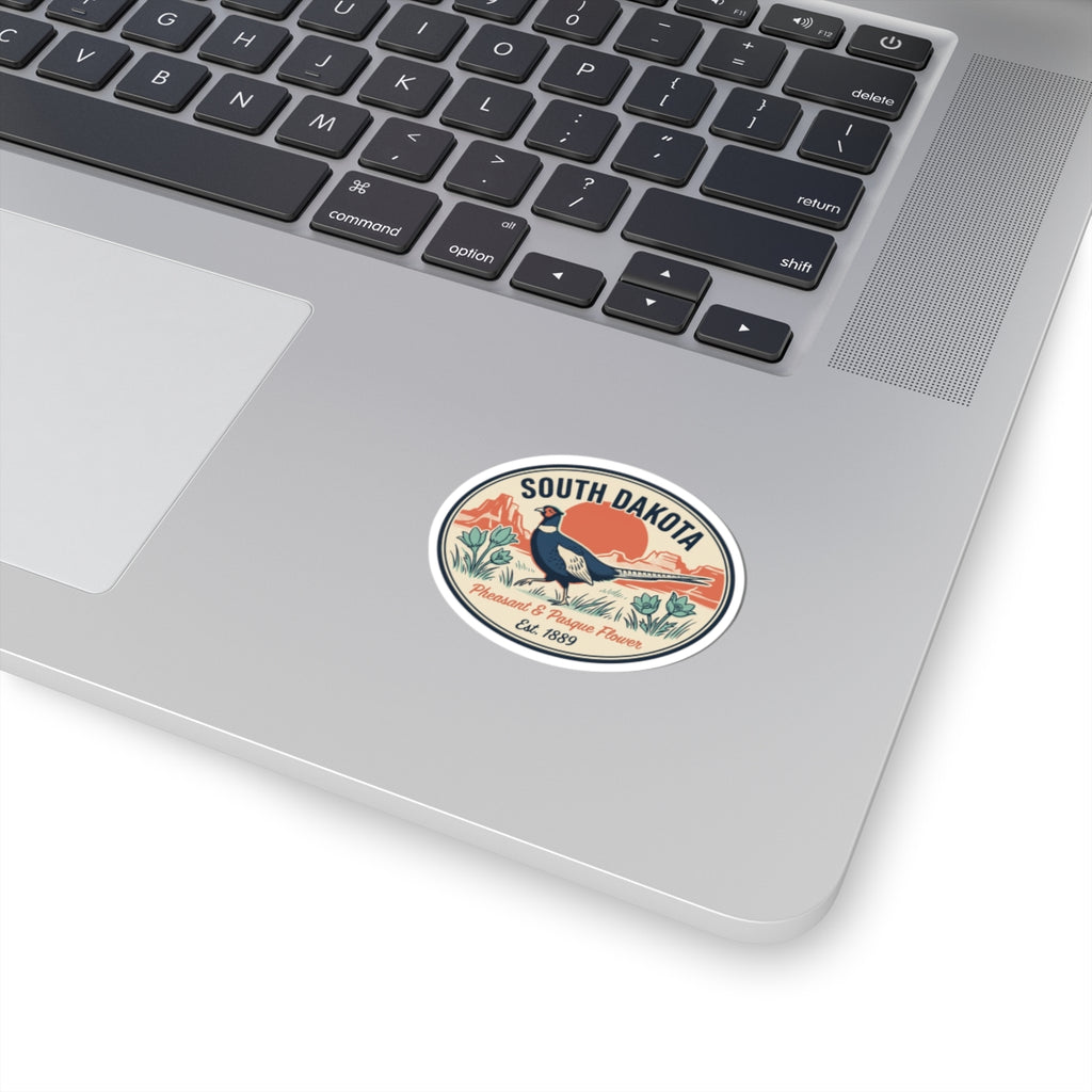 South Dakota pheasant and pasque flower vintage badge sticker on laptop