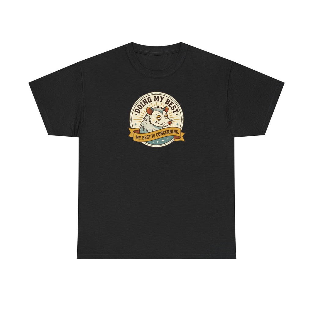 Black sloth graphic T-shirt with round badge-style front print