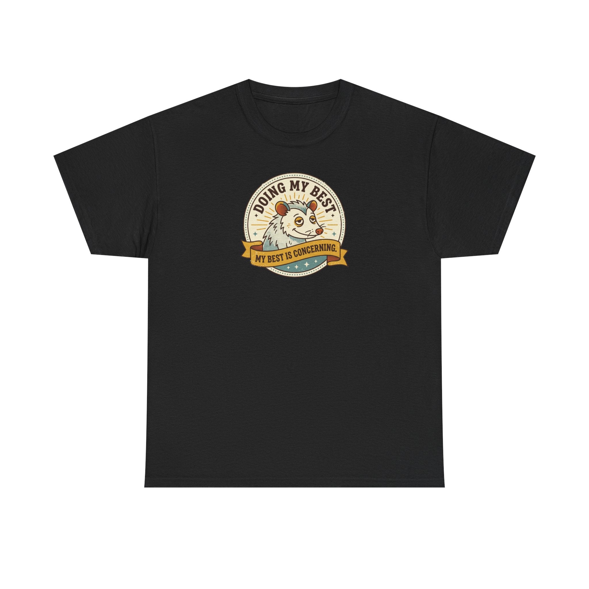 Black sloth graphic T-shirt with round badge-style front print
