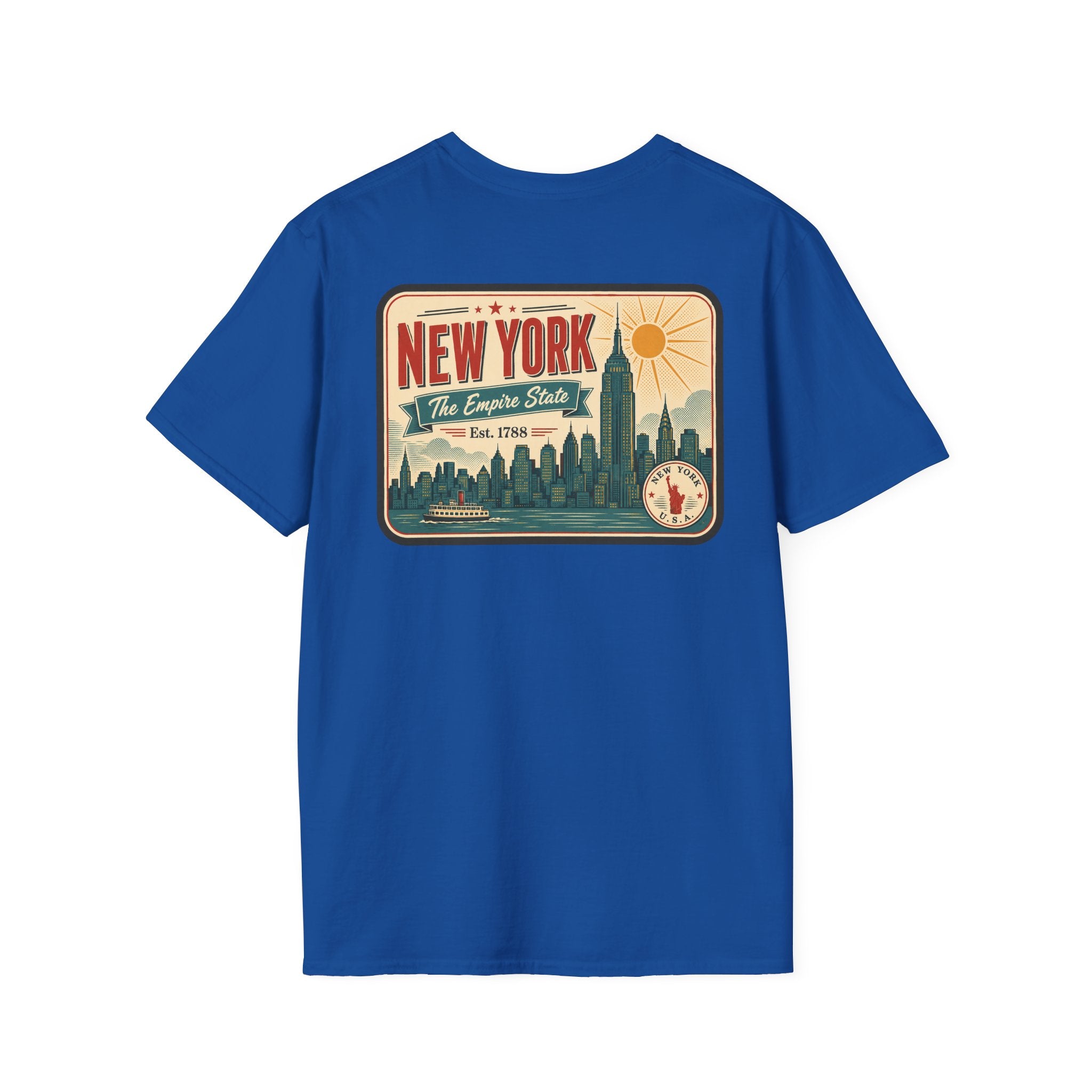 Royal blue New York skyline graphic T-shirt, short-sleeve crew neck