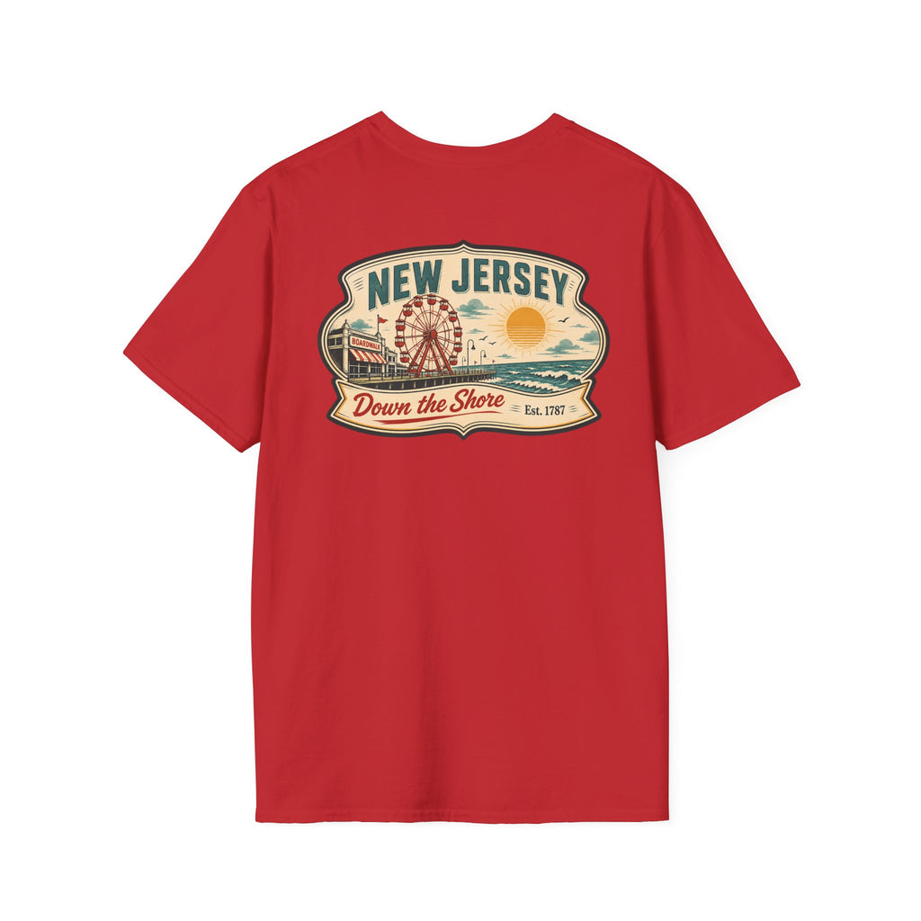 Red T-shirt with New Jersey "Down the Shore" graphic