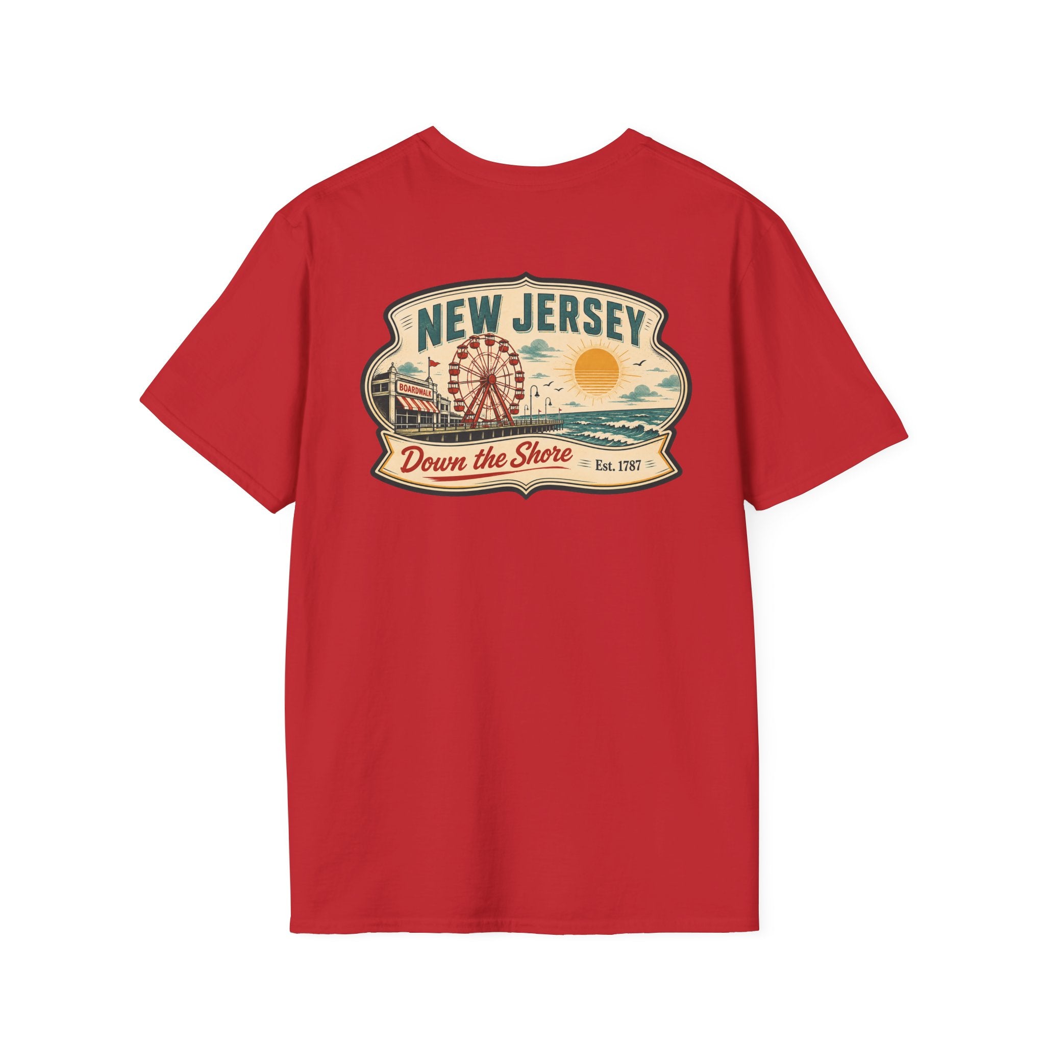 Red T-shirt with New Jersey "Down the Shore" graphic