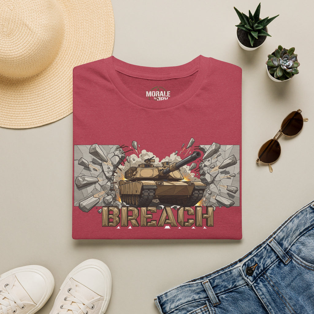 Red tactical helmet graphic T-shirt with 'BREACH' front print