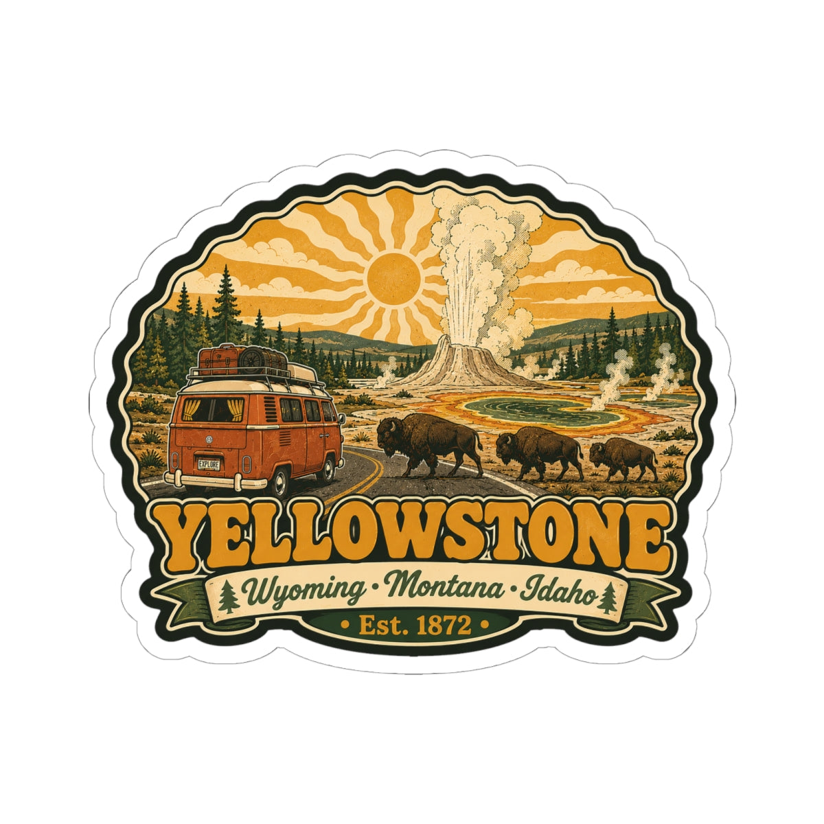 Yellowstone sticker featuring a vintage bus, bison, geyser plume, and sun; Est. 1872