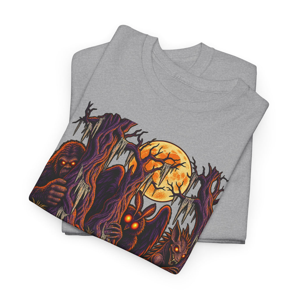 Heather gray Halloween monster graphic T-shirt with haunted forest scene and glowing eyes.