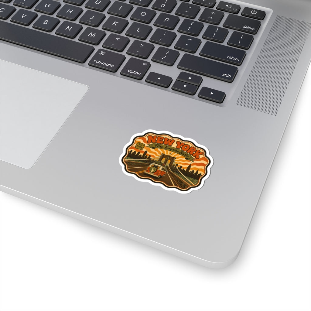 White kiss-cut vinyl sticker featuring small retro New York van illustration, white border